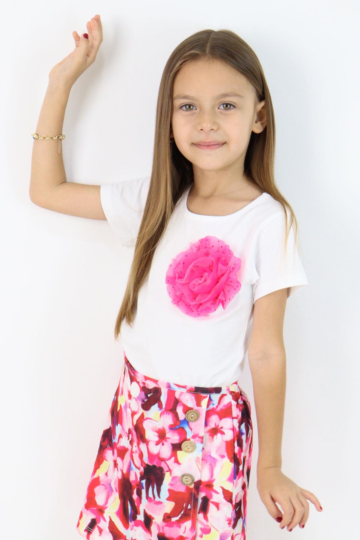 Breeze Kız Çocuk Tişört Tül Çiçek Aksesuarlı Beyaz (5-10 Yaş)