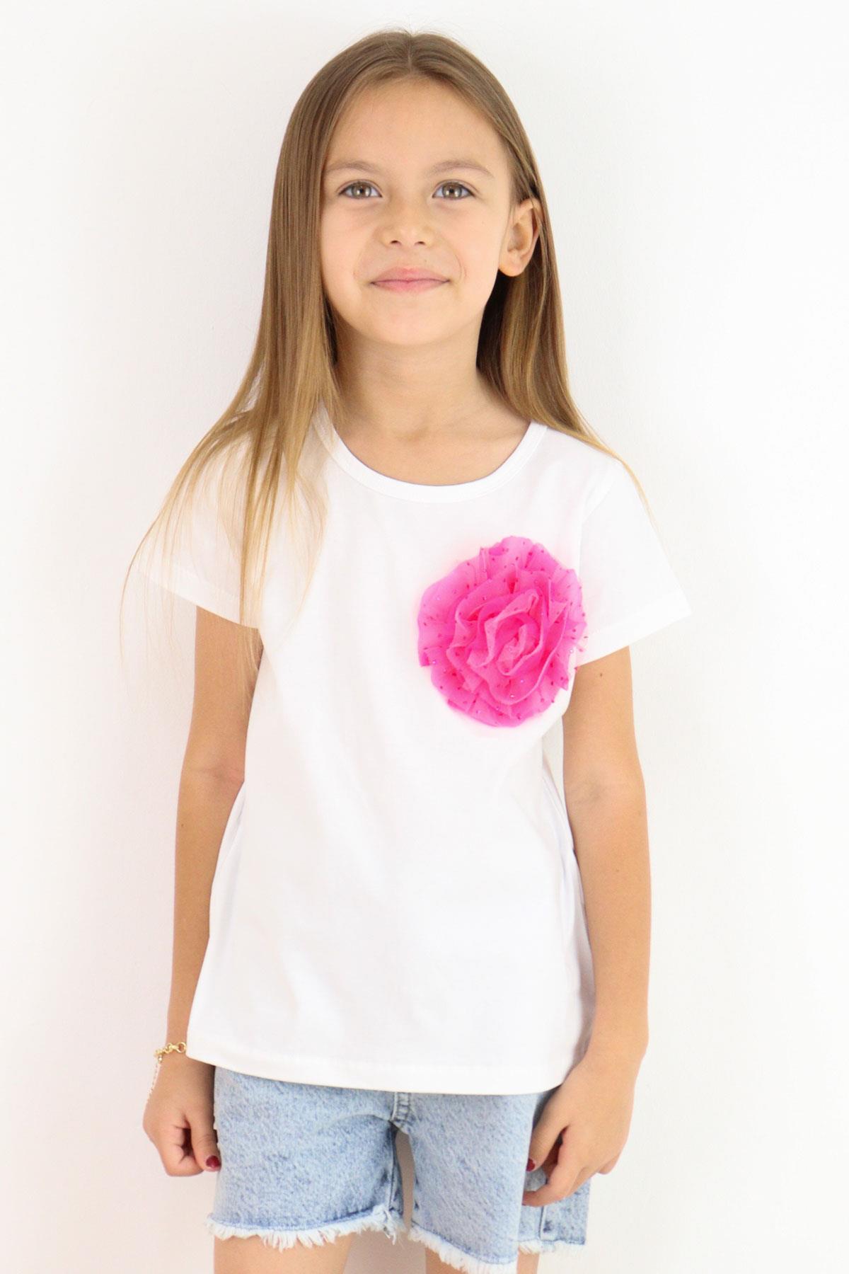 Breeze Kız Çocuk Tişört Tül Çiçek Aksesuarlı Beyaz (5-10 Yaş)