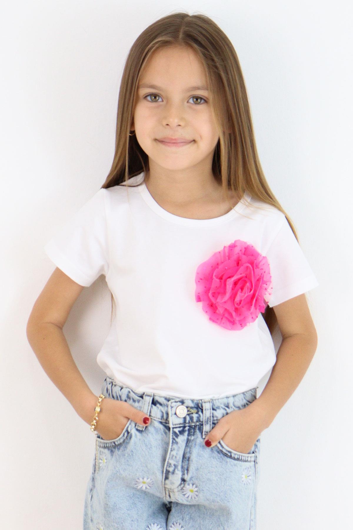 Breeze Kız Çocuk Tişört Tül Çiçek Aksesuarlı Beyaz (5-10 Yaş)