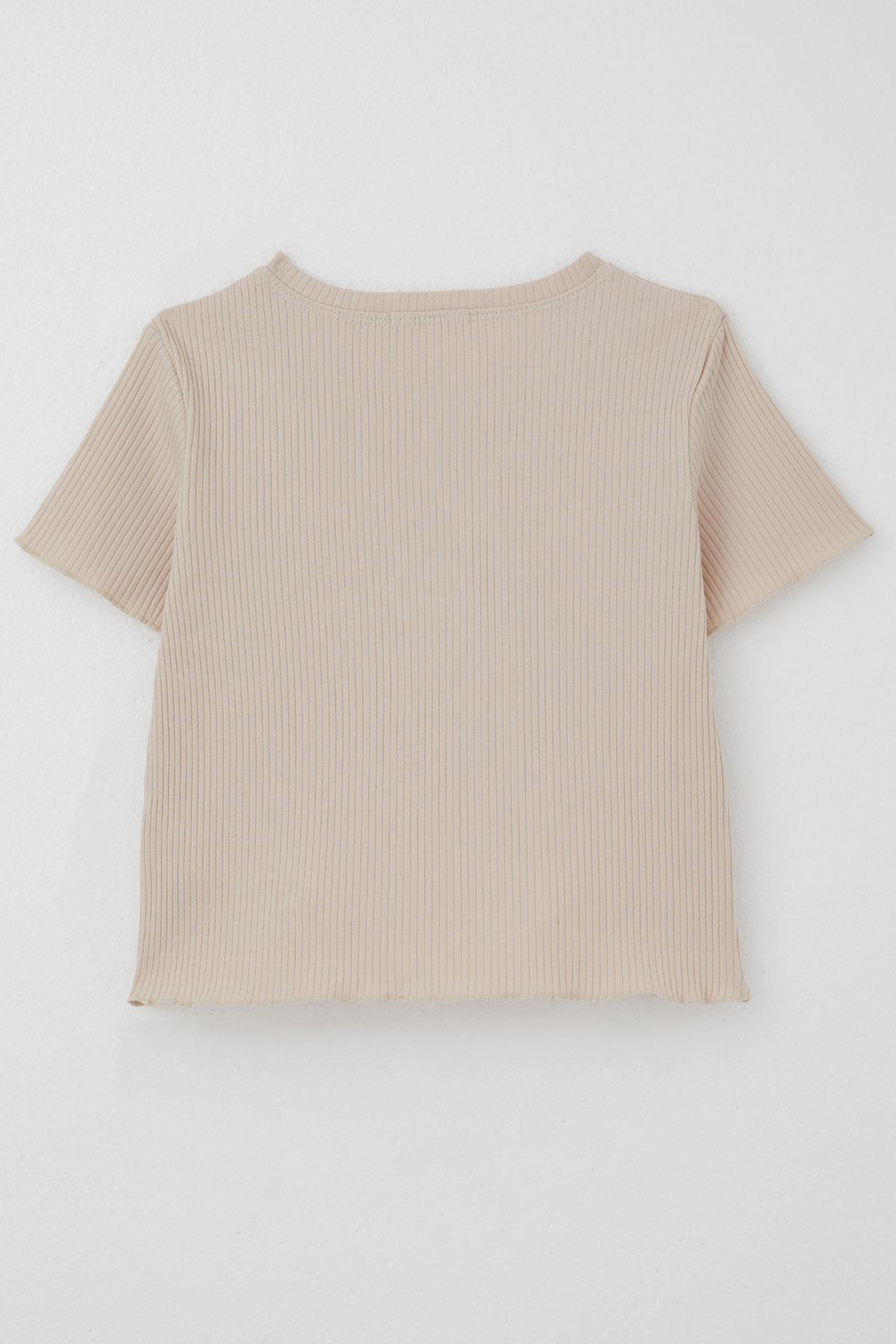 Breeze Kız Çocuk Tişört Tül Çiçek Armalı Boncuk Aksesuarlı Kemer Boy Bej (8-14 Yaş)