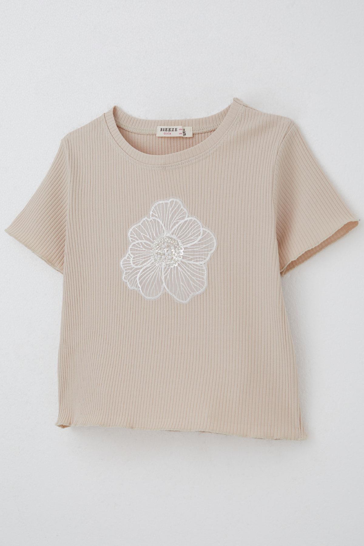Breeze Kız Çocuk Tişört Tül Çiçek Armalı Boncuk Aksesuarlı Kemer Boy Bej (8-14 Yaş)