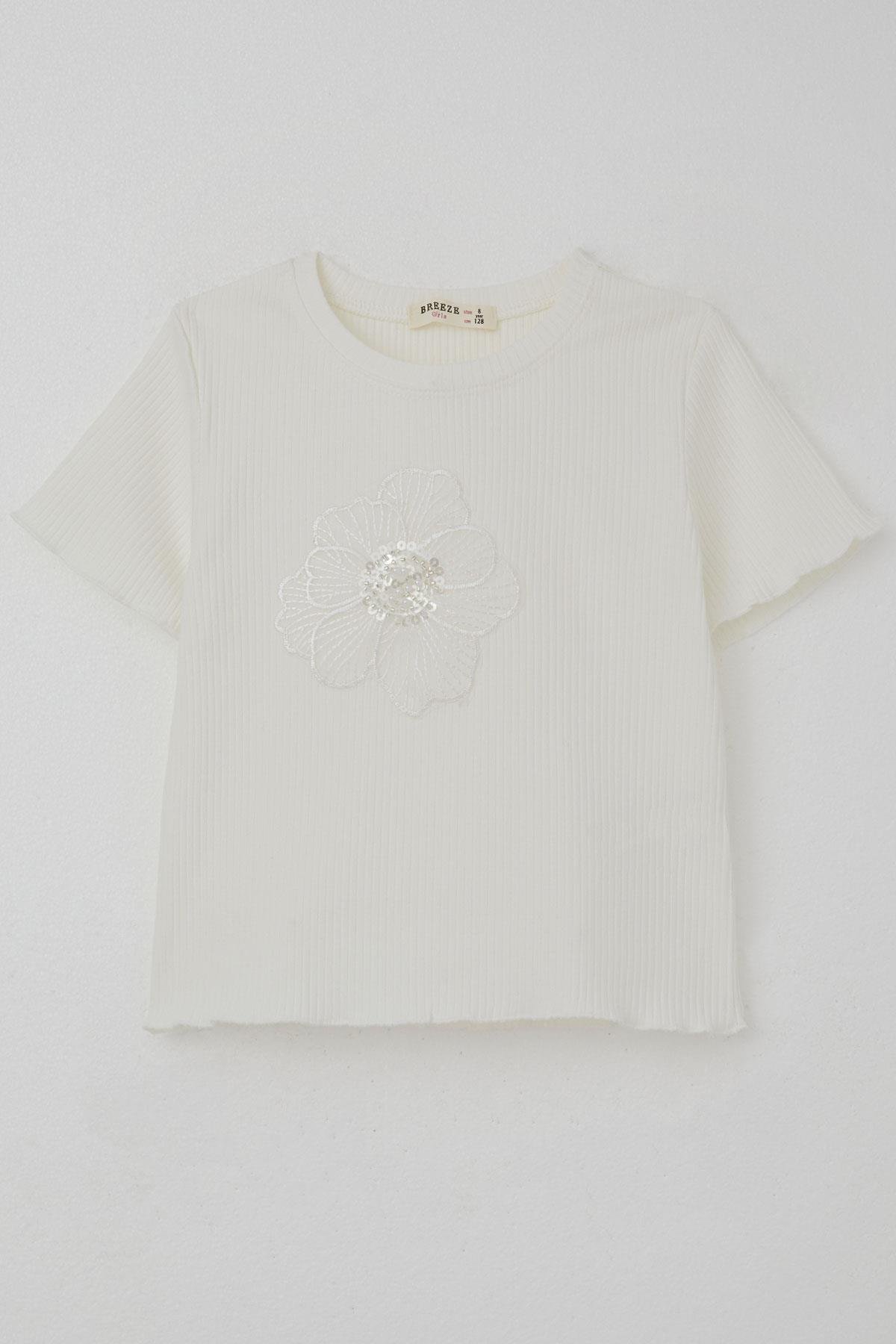 Breeze Kız Çocuk Tişört Tül Çiçek Armalı Boncuk Aksesuarlı Kemer Boy Ekru (8-14 Yaş)