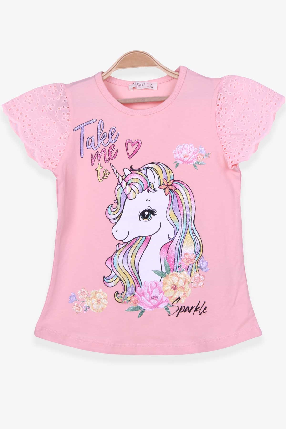 Breeze Kız Çocuk Tişört Unicorn Baskılı Kolu Dantelli Somon (4-9 Yaş)