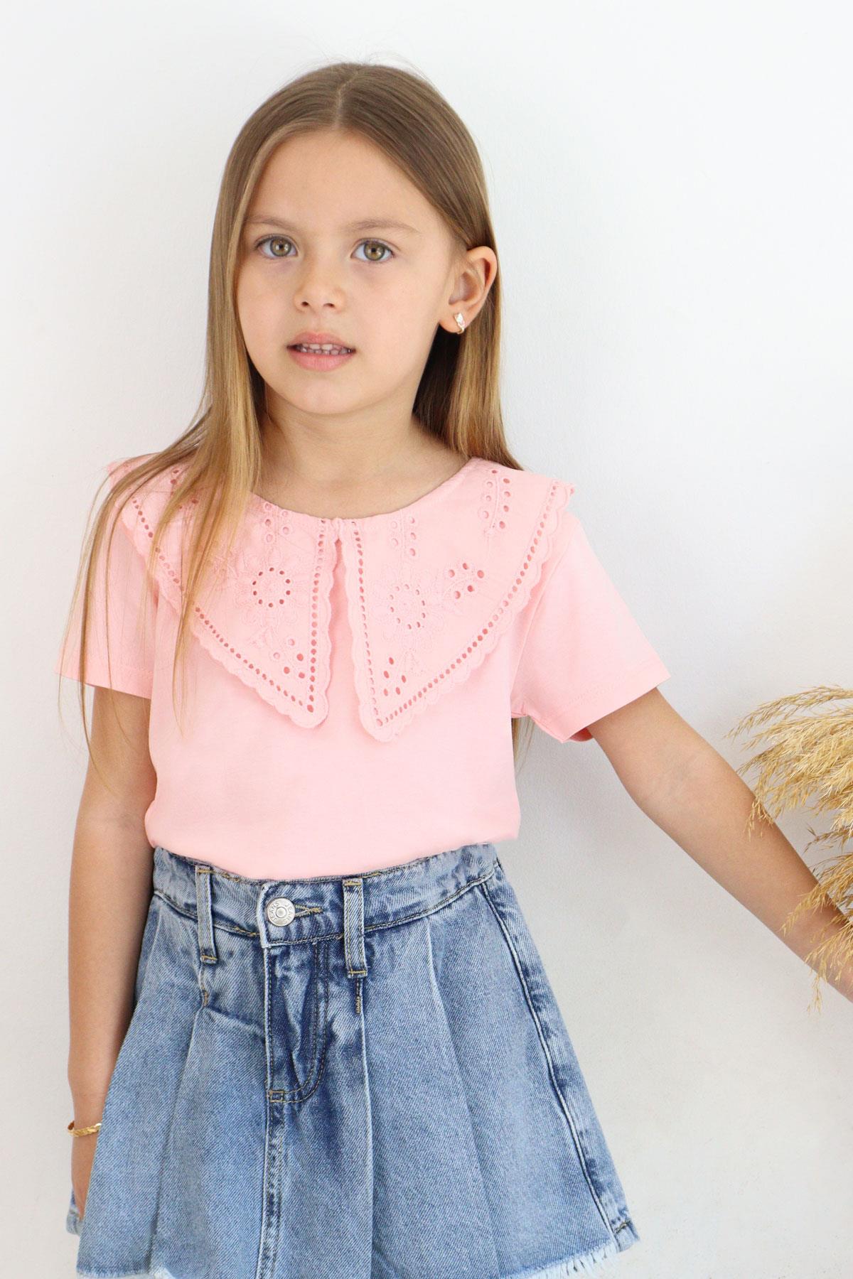 Breeze Kız Çocuk Tişört Yakası Güpürlü Nakışlı Pembe (6-12 Yaş)
