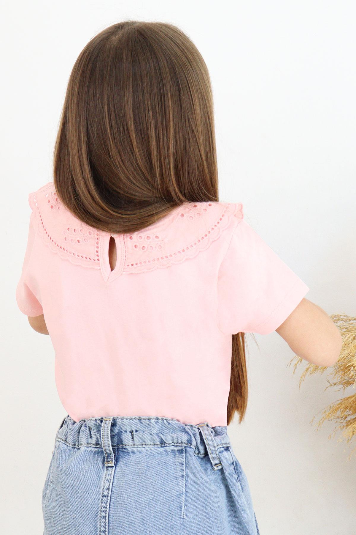 Breeze Kız Çocuk Tişört Yakası Güpürlü Nakışlı Pembe (6-12 Yaş)
