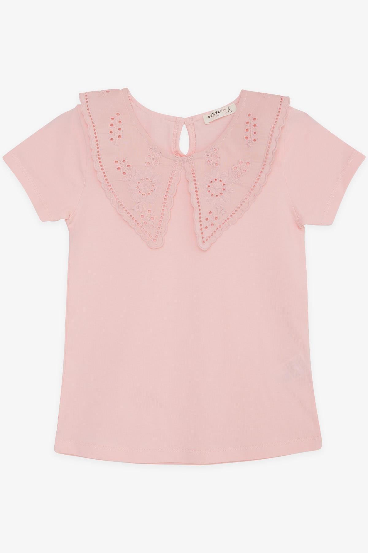Breeze Kız Çocuk Tişört Yakası Güpürlü Nakışlı Pembe (6-12 Yaş)