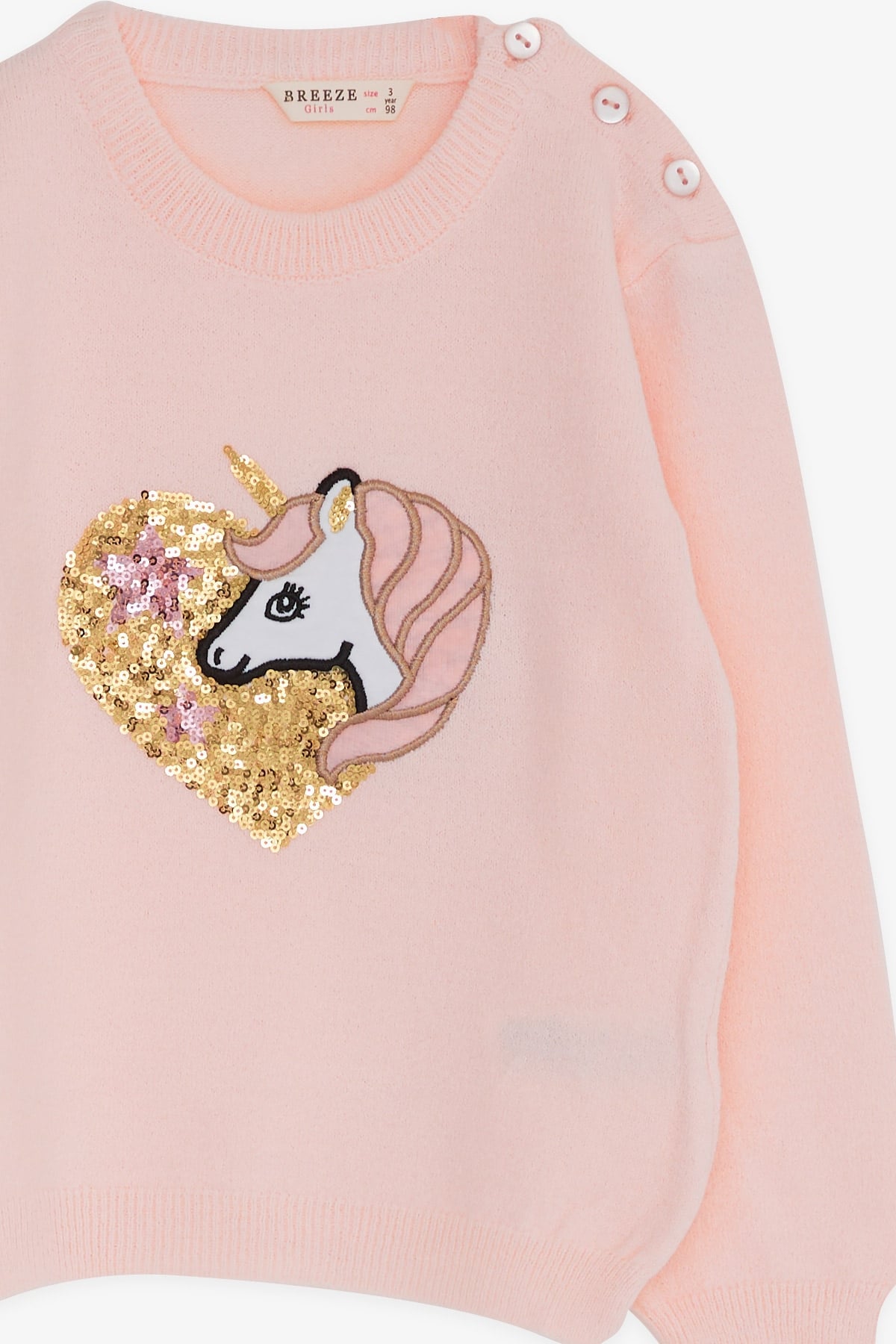 Breeze Kız Çocuk Triko Kazak Pullu Unicorn Baskılı Pudra (1.5-5 Yaş)