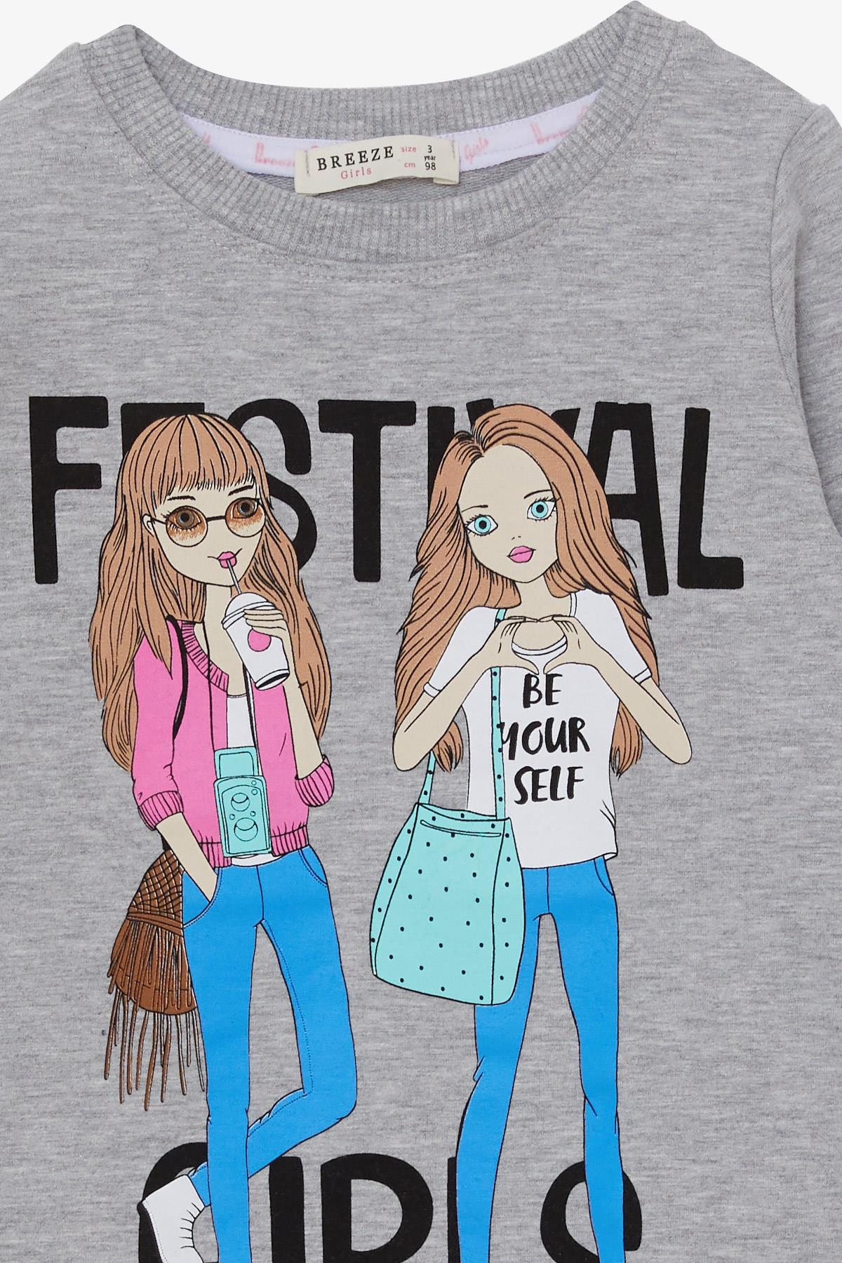 Breeze Kız Çocuk Tunik Baskılı Cepli Gri Melanj (3-8 Yaş)