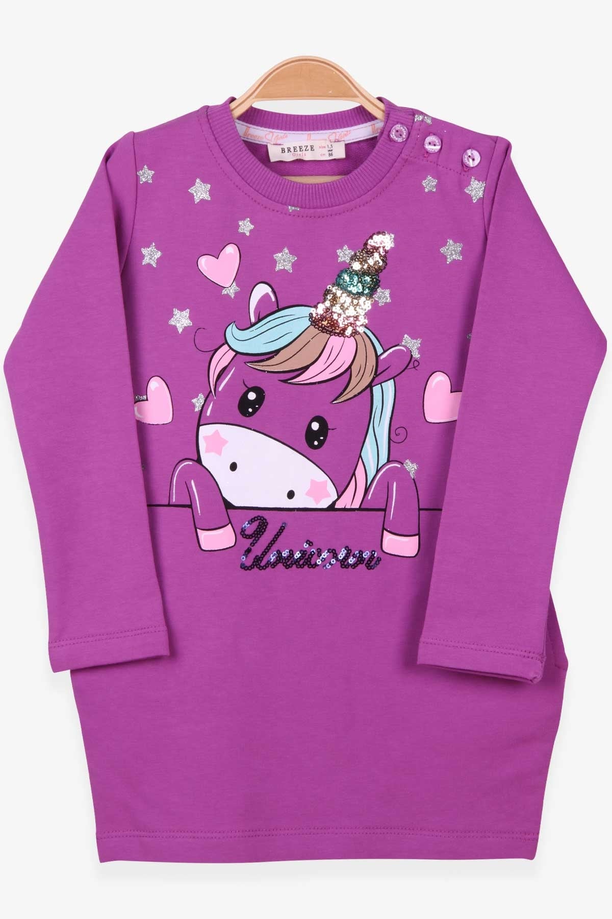 Breeze Kız Çocuk Tunik Baskılı Pullu Unicorn Mor (1.5-5 Yaş)