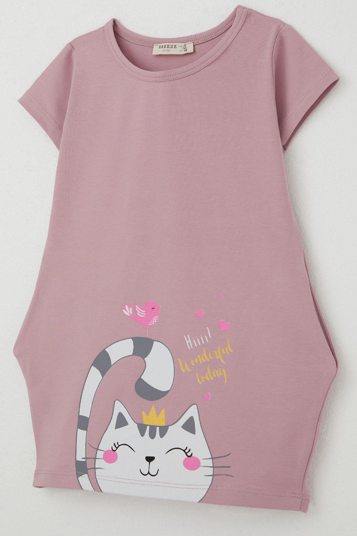 Breeze Kız Çocuk Tunik Elbise Dostluk Temalı Prenses Kedicik Baskılı Gülkurusu (1.5-5 Yaş)