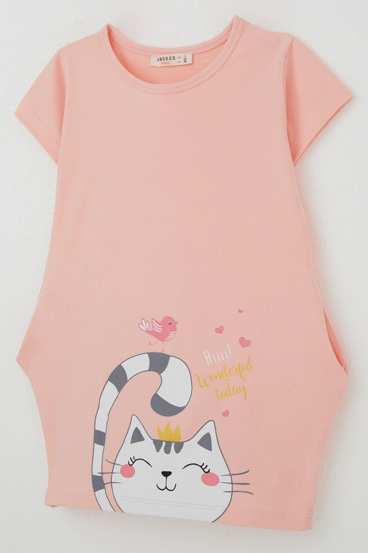 Breeze Kız Çocuk Tunik Elbise Dostluk Temalı Prenses Kedicik Baskılı Somon (1.5-5 Yaş)