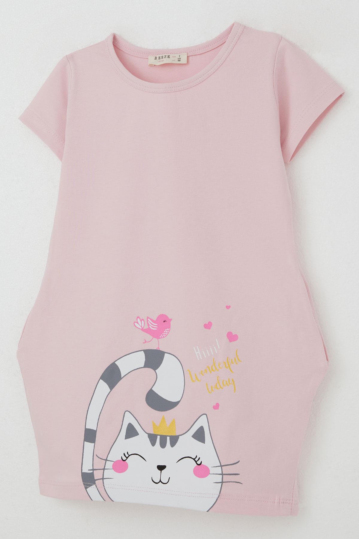 Breeze Kız Çocuk Tunik Elbise Dostluk Temalı Prenses Kedicik Baskılı Pembe (1.5-5 Yaş)