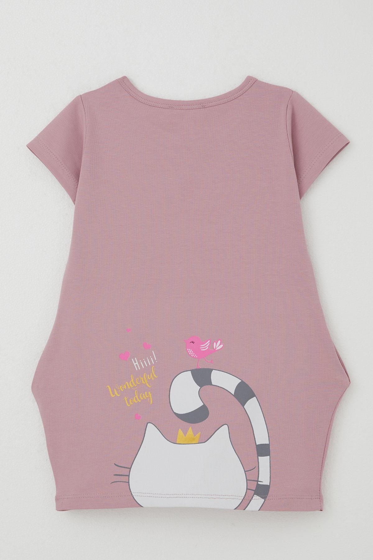 Breeze Kız Çocuk Tunik Elbise Dostluk Temalı Prenses Kedicik Baskılı Gülkurusu (1.5-5 Yaş)