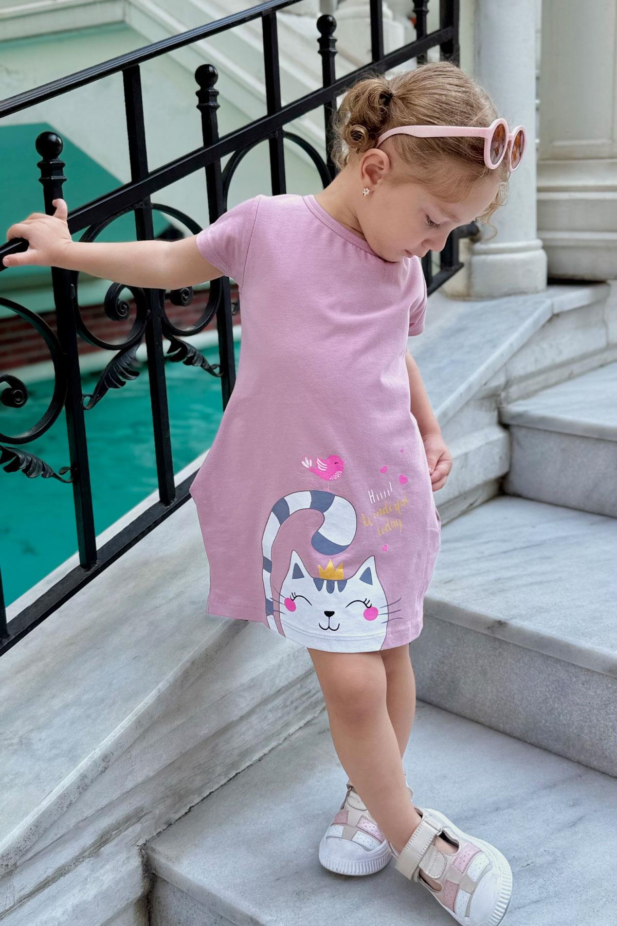 Breeze Kız Çocuk Tunik Elbise Dostluk Temalı Prenses Kedicik Baskılı Gülkurusu (1.5-5 Yaş)