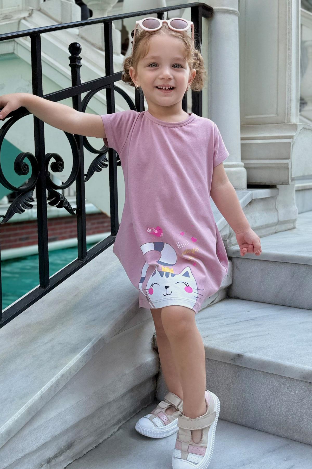 Breeze Kız Çocuk Tunik Elbise Dostluk Temalı Prenses Kedicik Baskılı Gülkurusu (1.5-5 Yaş)