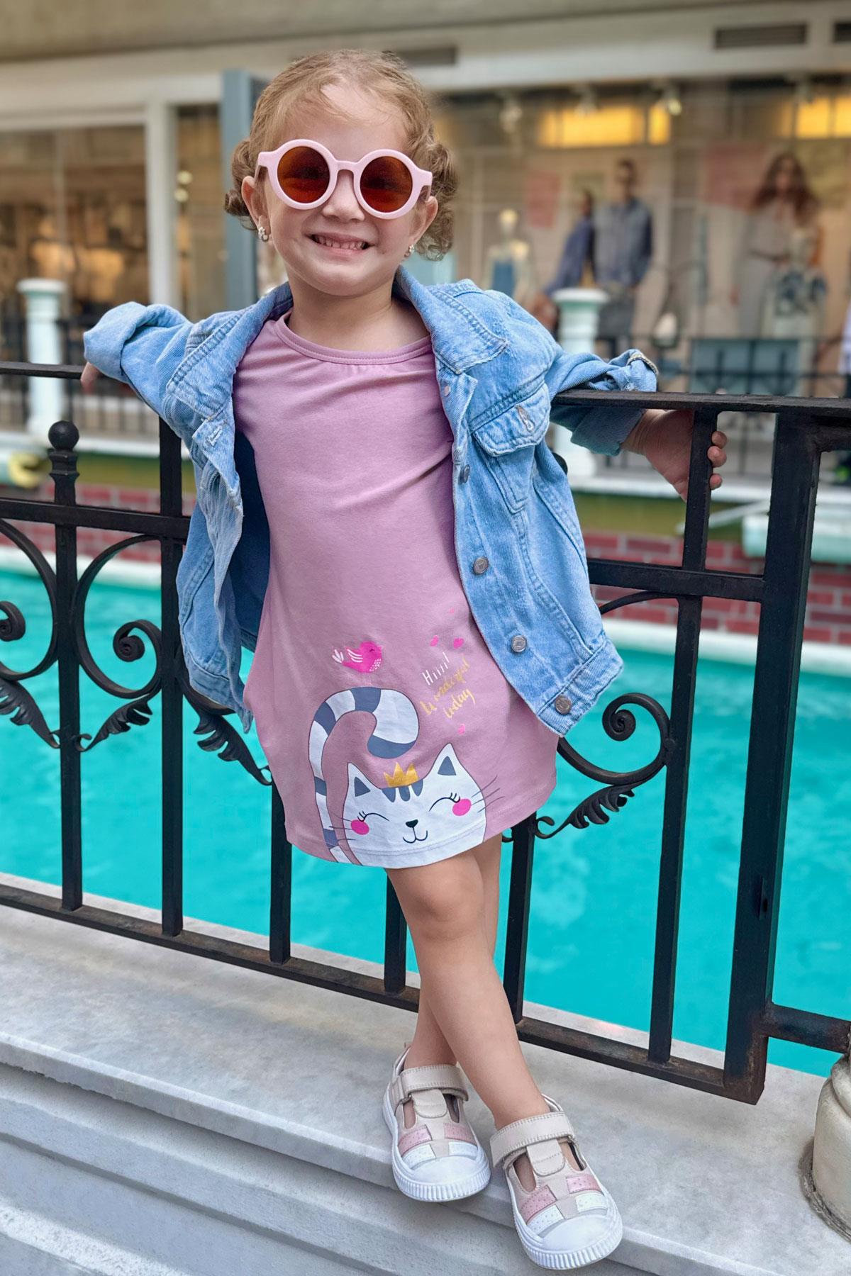 Breeze Kız Çocuk Tunik Elbise Dostluk Temalı Prenses Kedicik Baskılı Gülkurusu (1.5-5 Yaş)