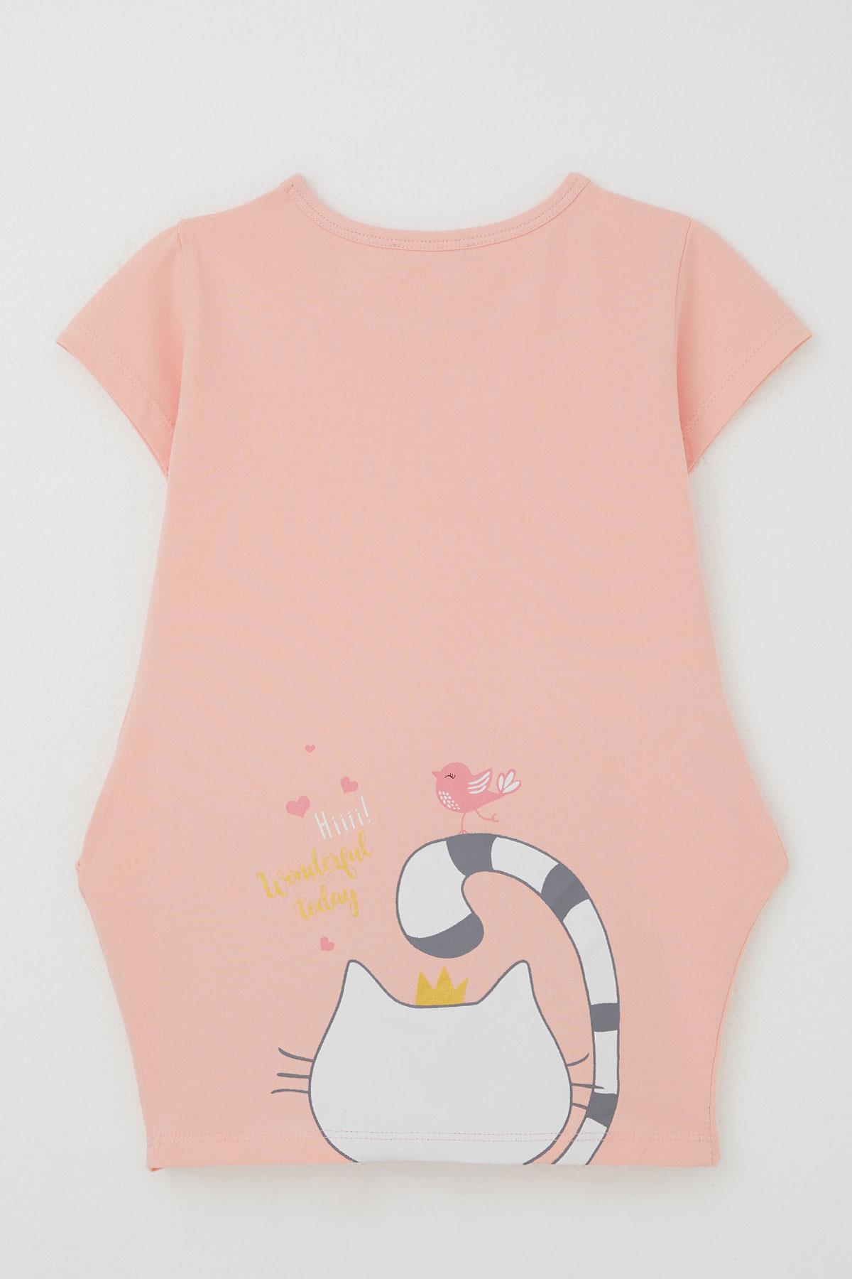 Breeze Kız Çocuk Tunik Elbise Dostluk Temalı Prenses Kedicik Baskılı Somon (1.5-5 Yaş)