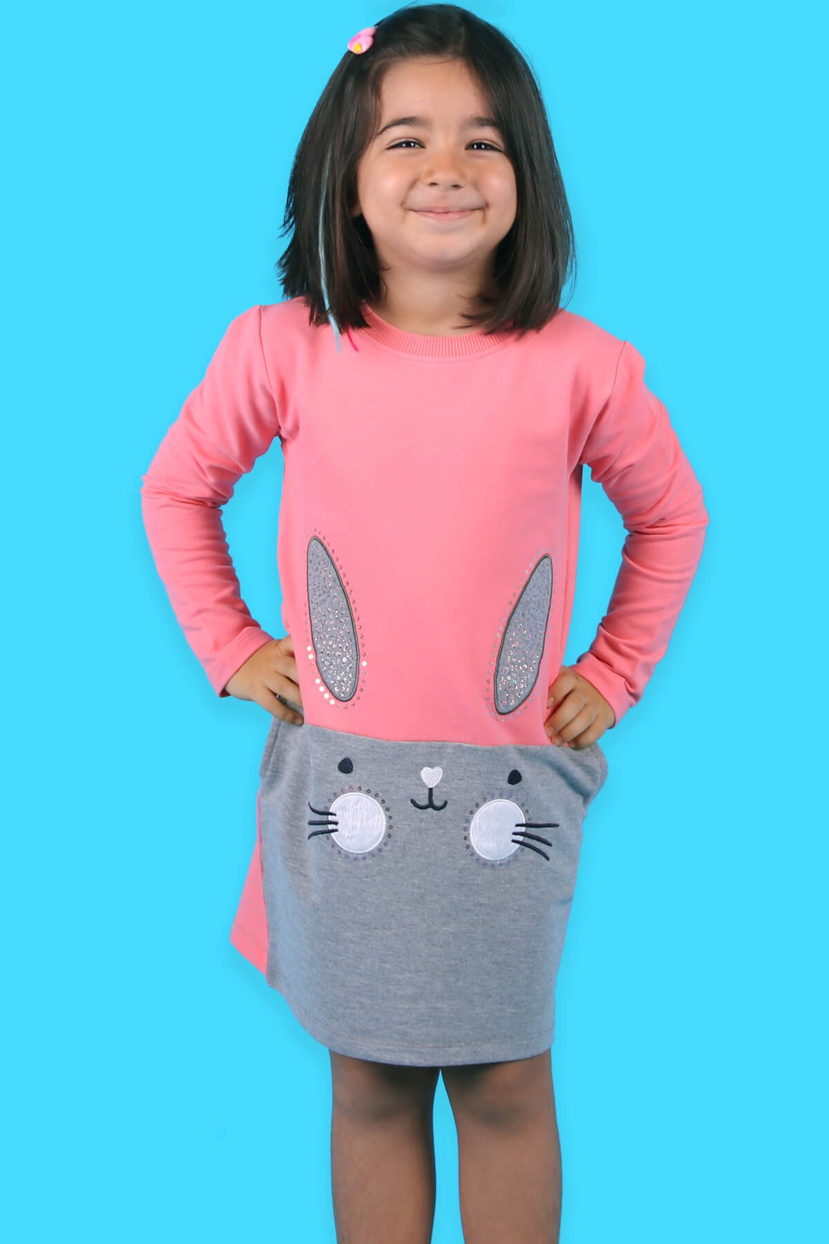 Breeze Kız Çocuk Tunik Elbise Kedili Mercan (3-8 Yaş)