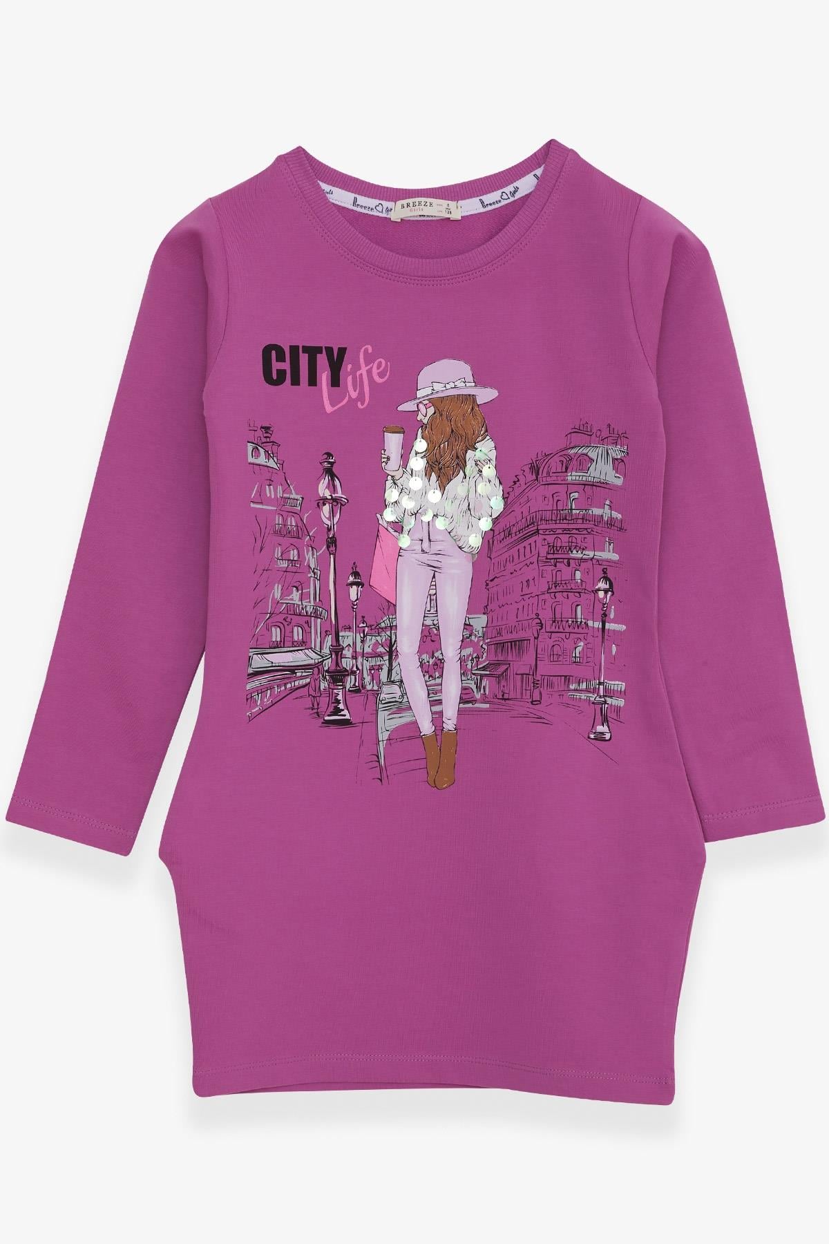 Breeze Kız Çocuk Tunik Pullu Kız Baskılı Eflatun (8-12 Yaş)