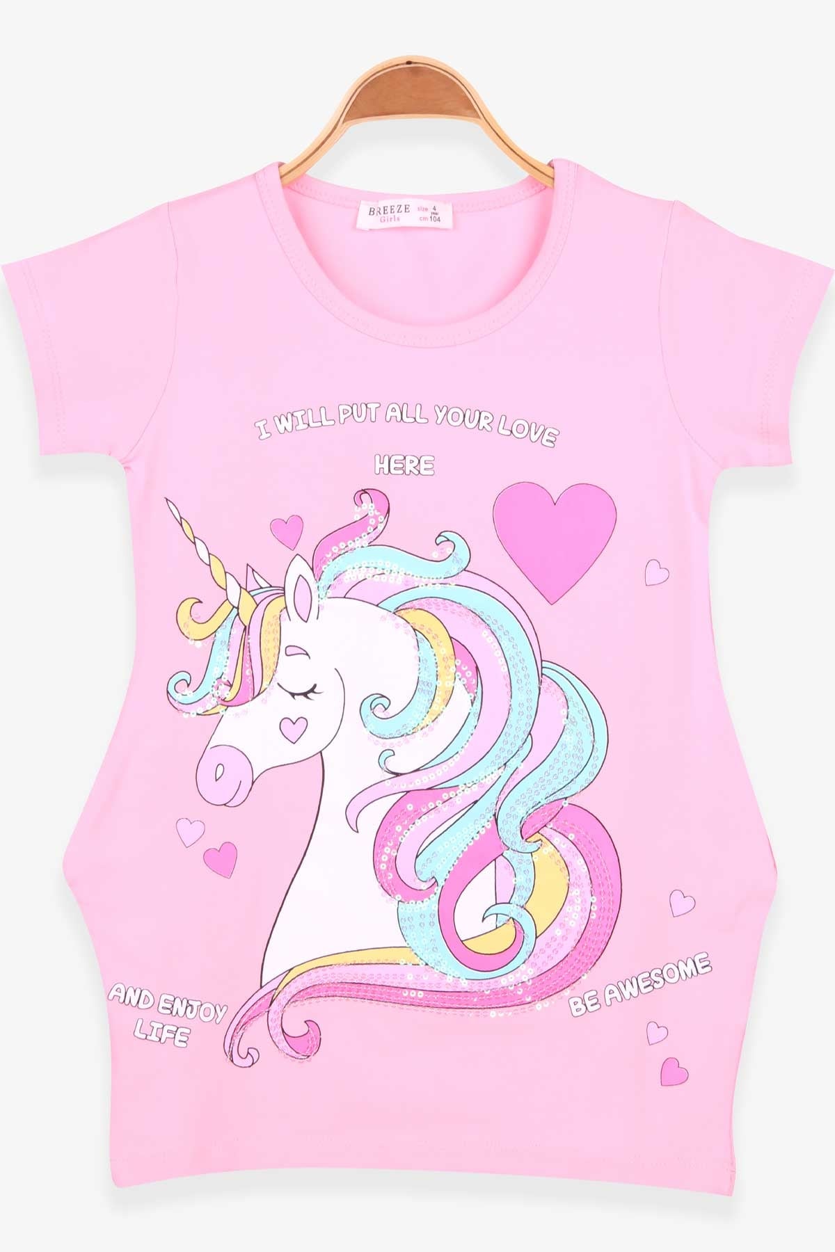 Breeze Kız Çocuk Tunik Pullu Unicorn Baskılı Pudra (4-8 Yaş)