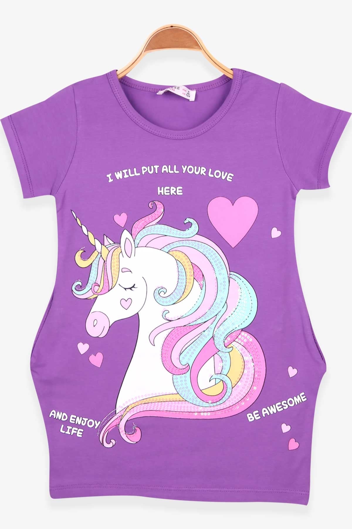 Breeze Kız Çocuk Tunik Pullu Unicorn Baskılı Mor (4-8 Yaş)