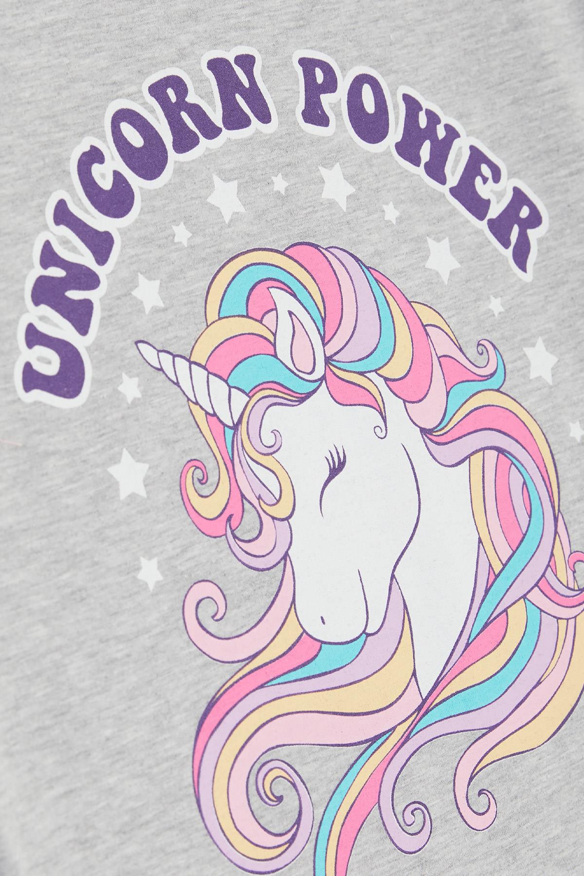 Breeze Kız Çocuk Tunik Unicorn Baskılı Yazılı Gri Melanj (4-9 Yaş)