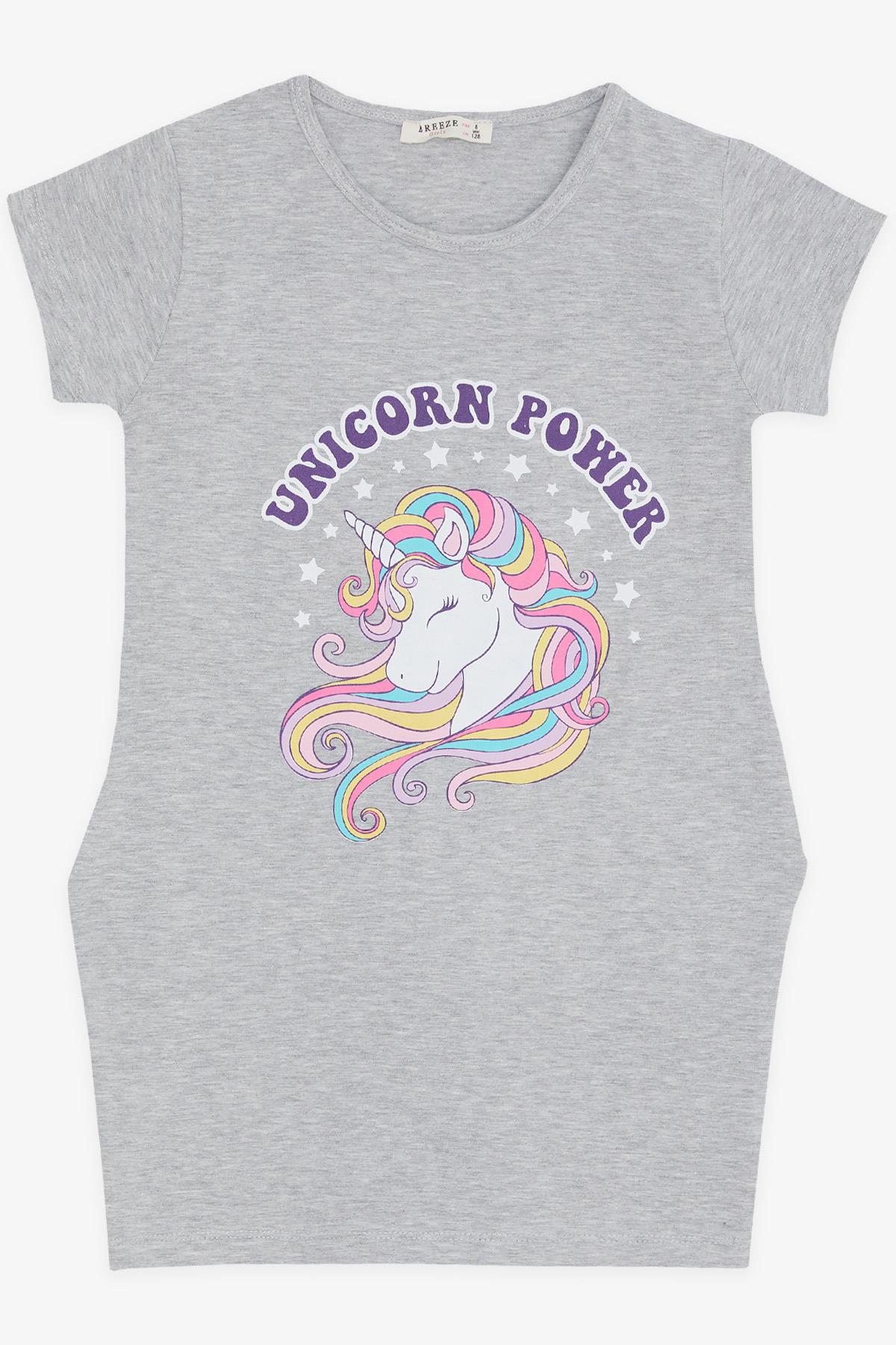 Breeze Kız Çocuk Tunik Unicorn Baskılı Yazılı Gri Melanj (4-9 Yaş)