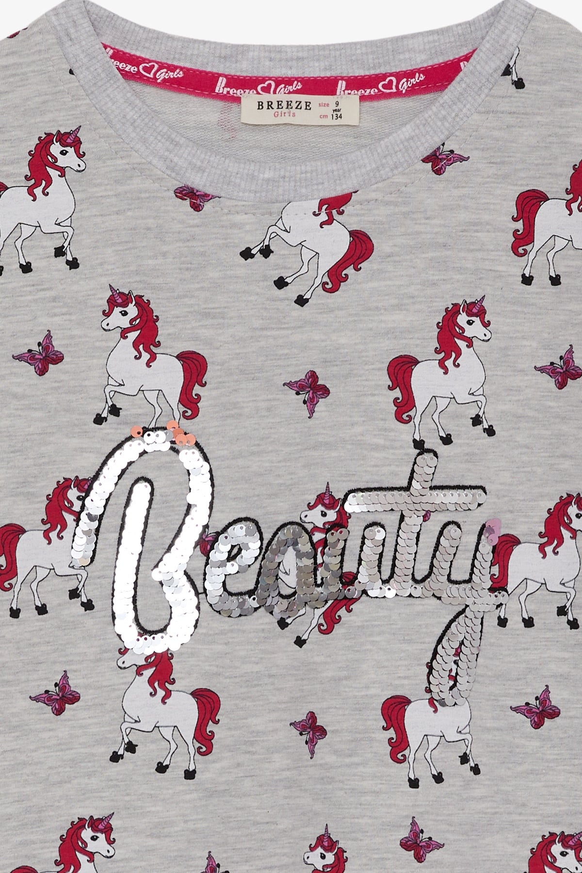 Breeze Kız Çocuk Tunik Unicorn Desenli Açık Gri Melanj (4-9 Yaş)