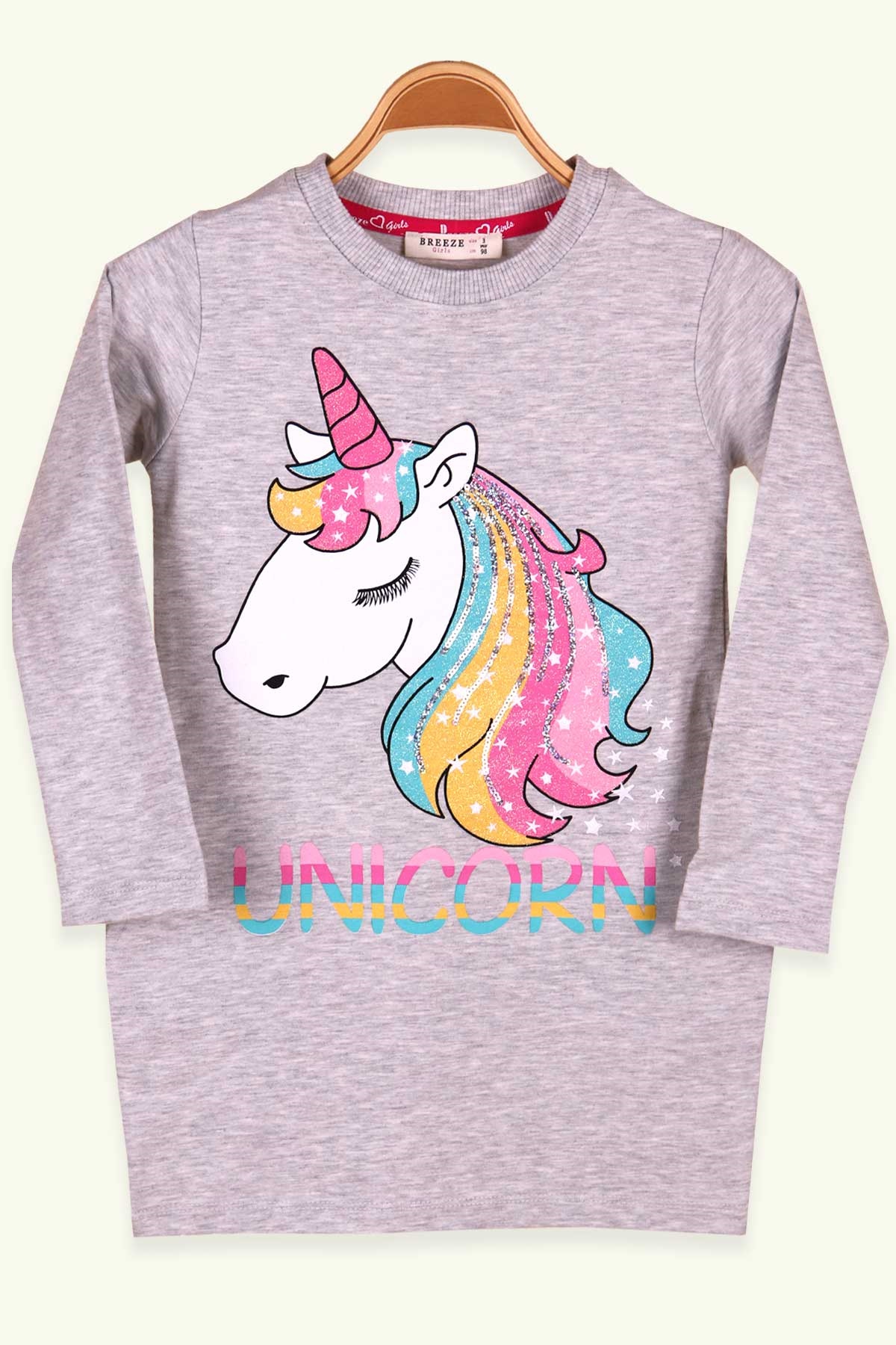 Breeze Kız Çocuk Tunik Unicornlu Pullu Açık Gri (3-8 Yaş)
