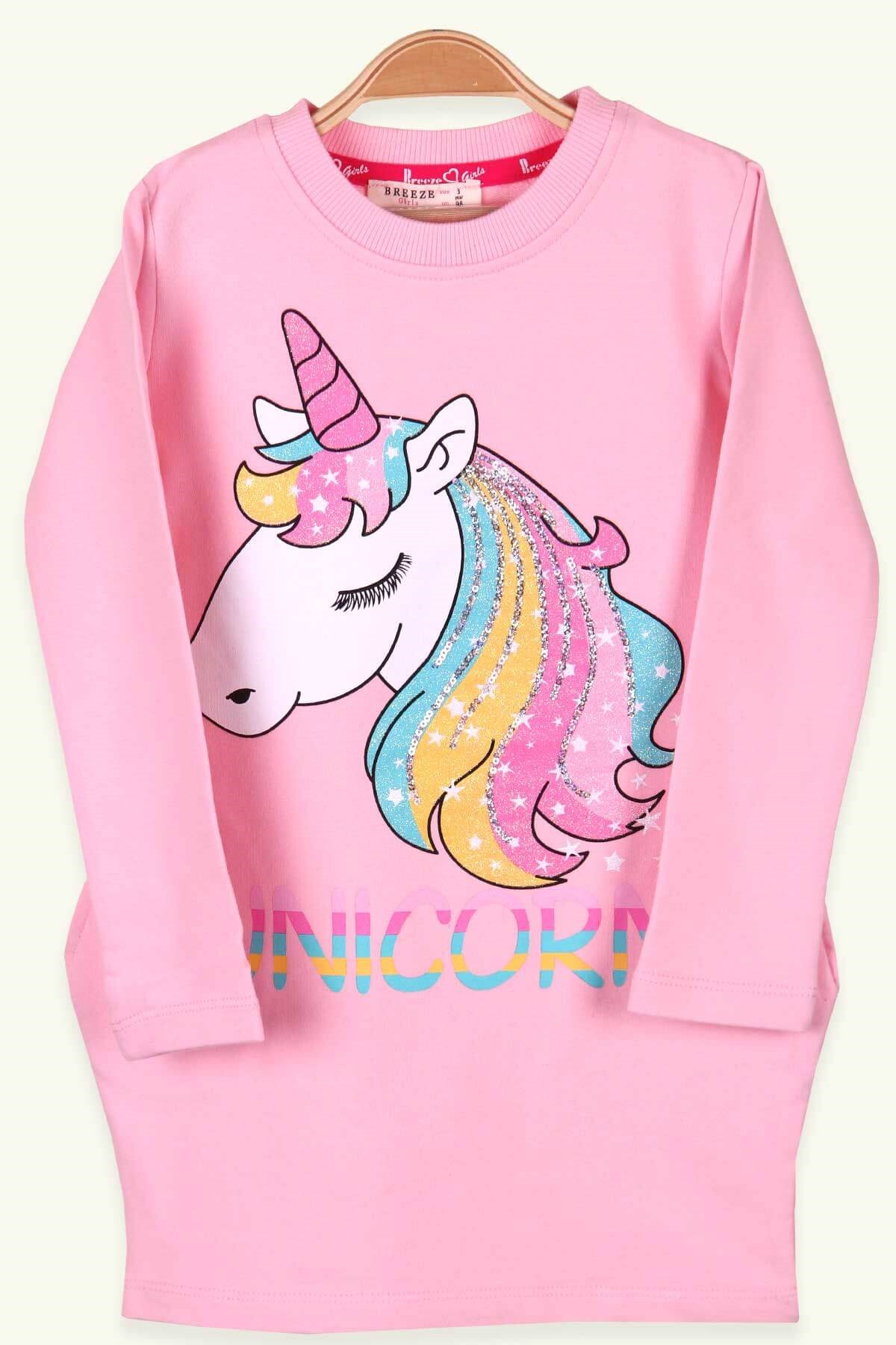 Breeze Kız Çocuk Tunik Unicornlu Pullu Pudra (3-8 Yaş)