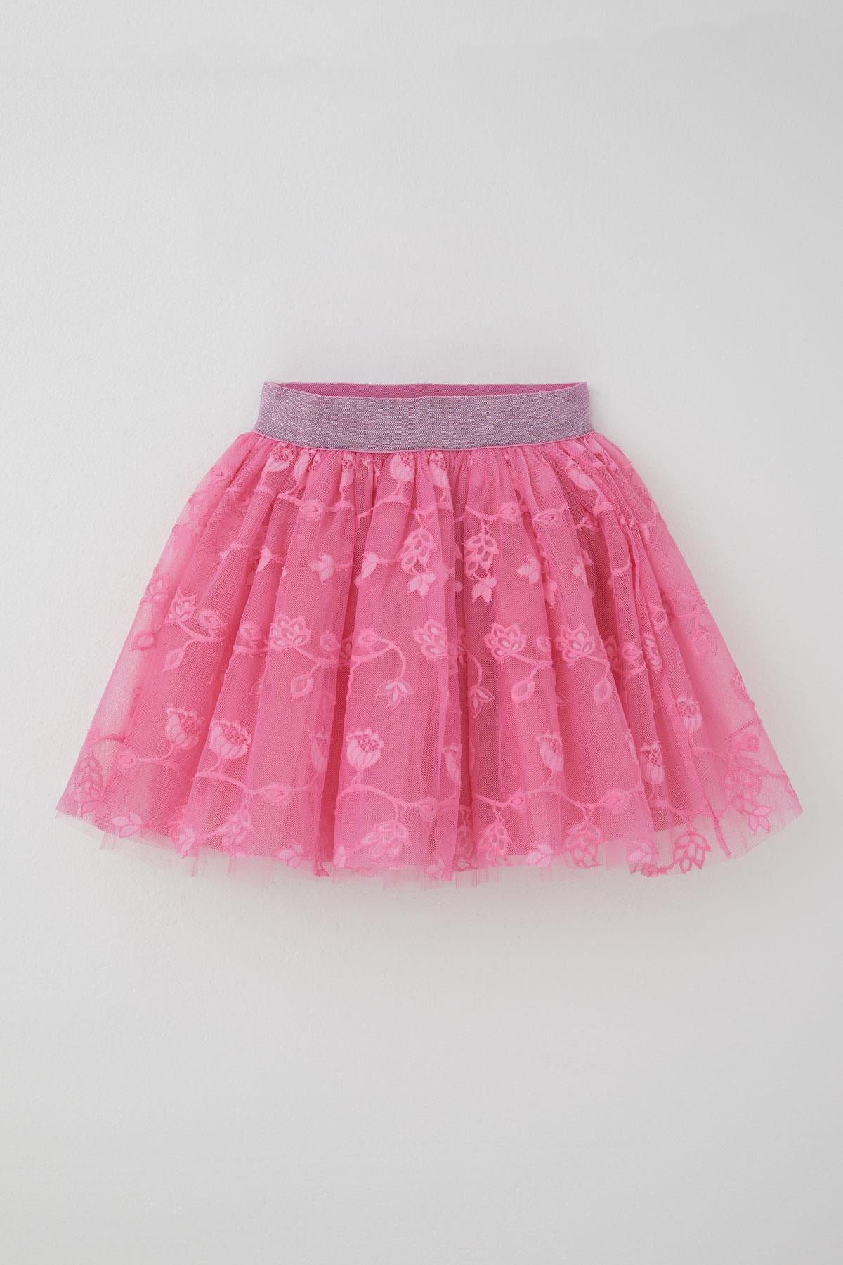Breeze Kız Çocuk Tütü Etek Çiçek Nakışlı Beli Lastikli Simli Pembe (5-10 Yaş)