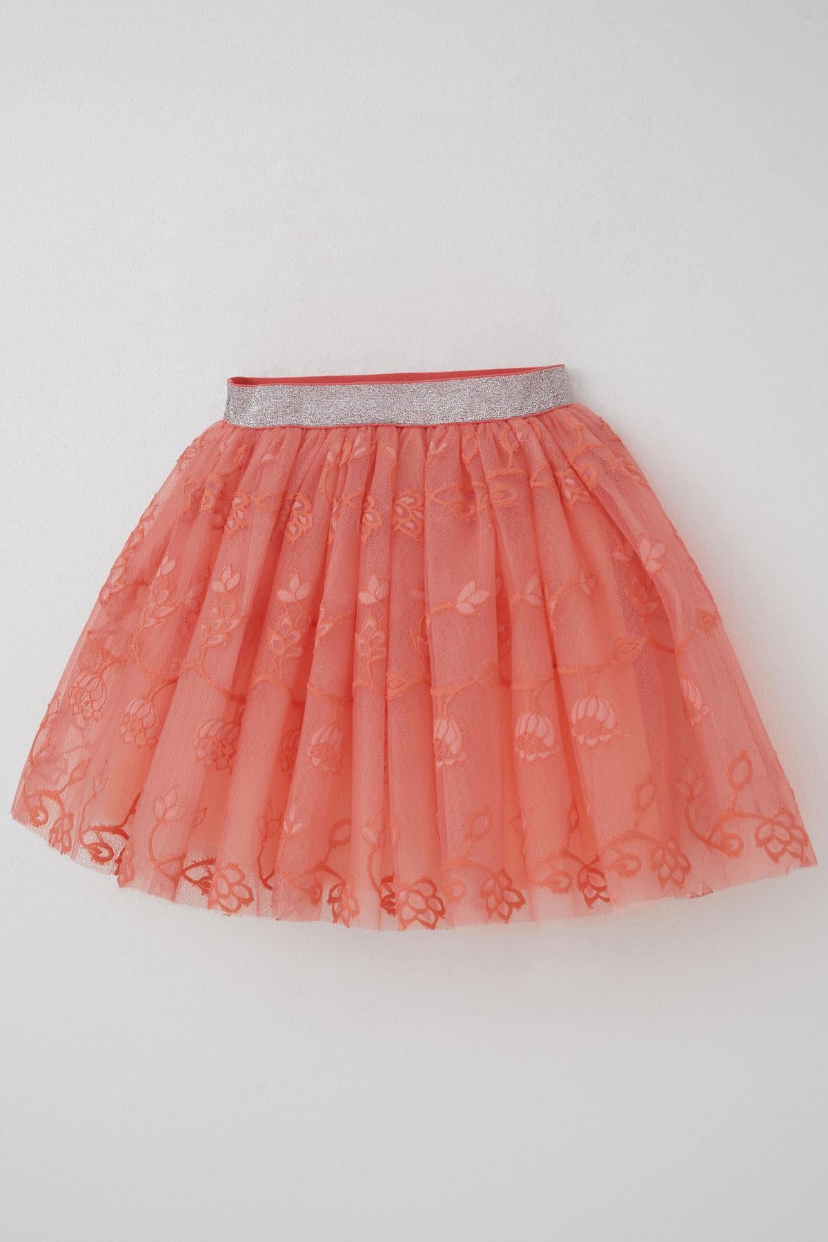 Breeze Kız Çocuk Tütü Etek Çiçek Nakışlı Beli Lastikli Simli Somon (5-10 Yaş)