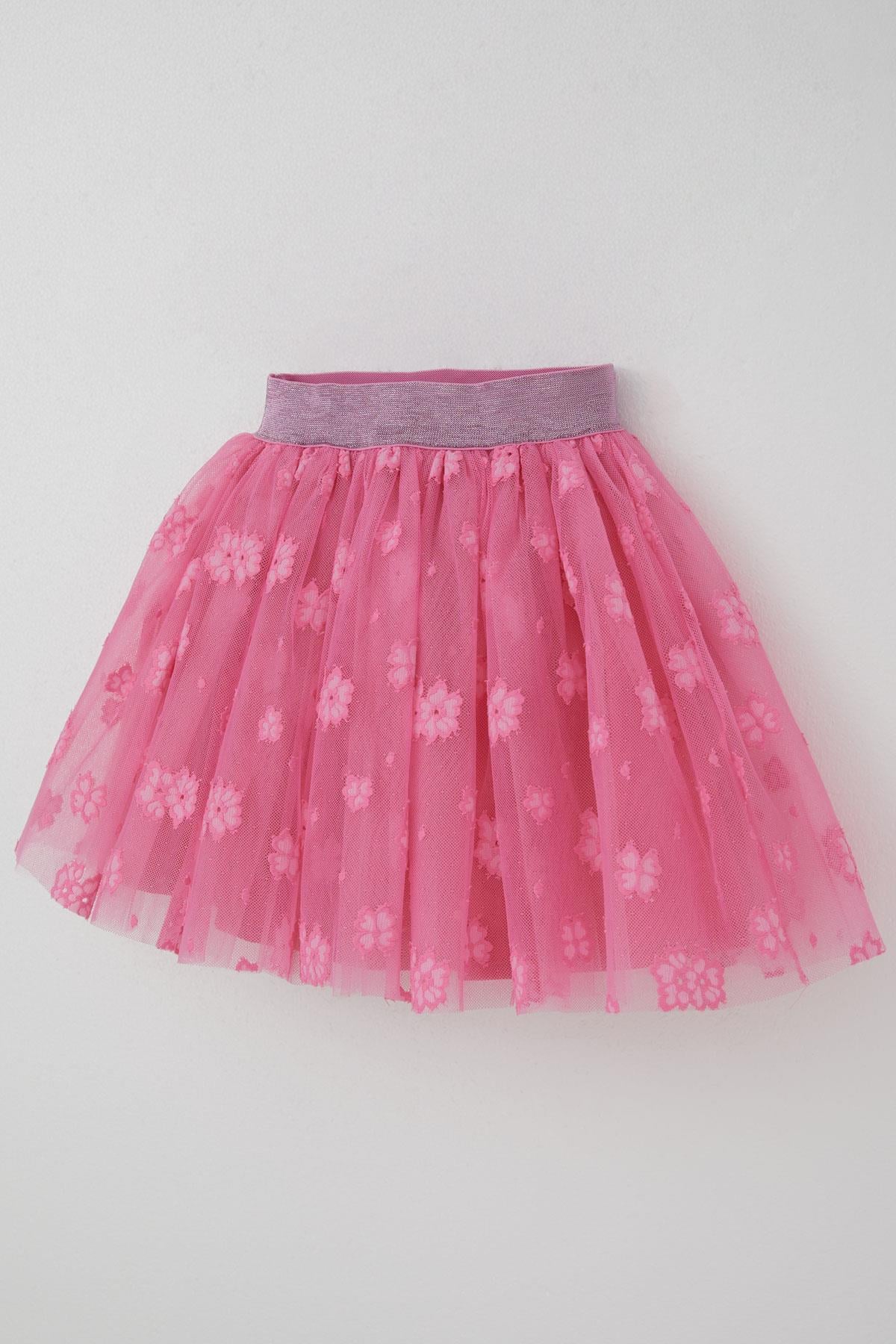 Breeze Kız Çocuk Tütü Etek Çiçek Nakışlı Beli Lastikli Simli Pembe (5-10 Yaş)