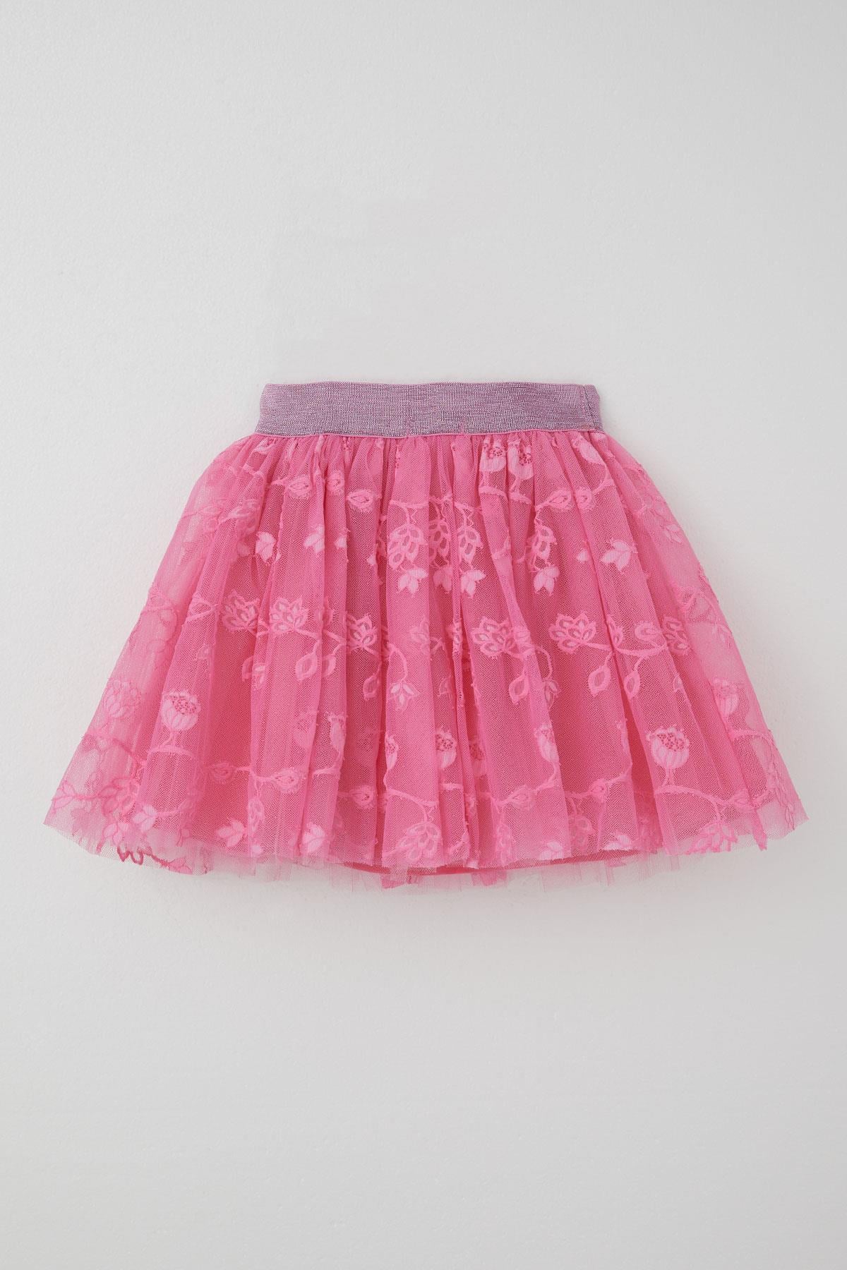 Breeze Kız Çocuk Tütü Etek Çiçek Nakışlı Beli Lastikli Simli Pembe (5-10 Yaş)