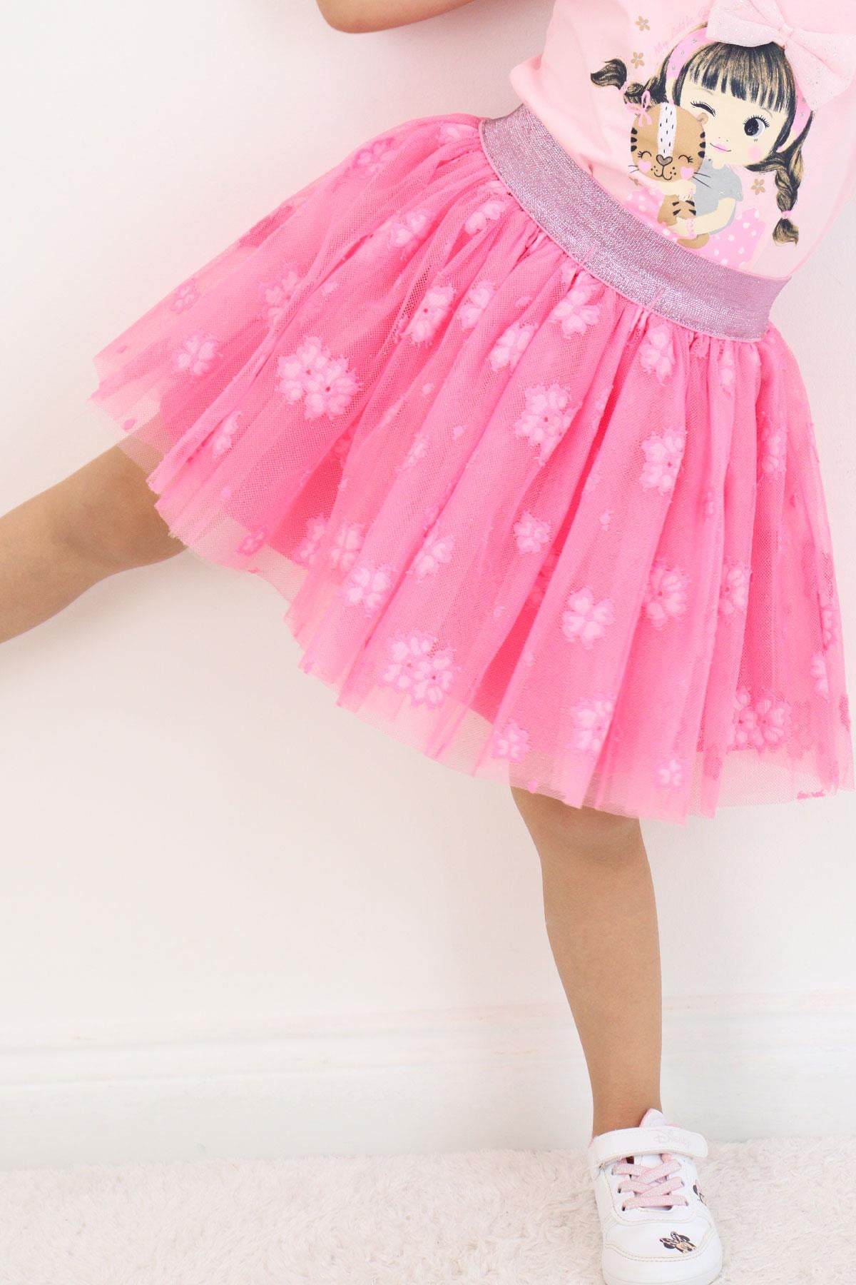 Breeze Kız Çocuk Tütü Etek Çiçek Nakışlı Beli Lastikli Simli Pembe (5-10 Yaş)