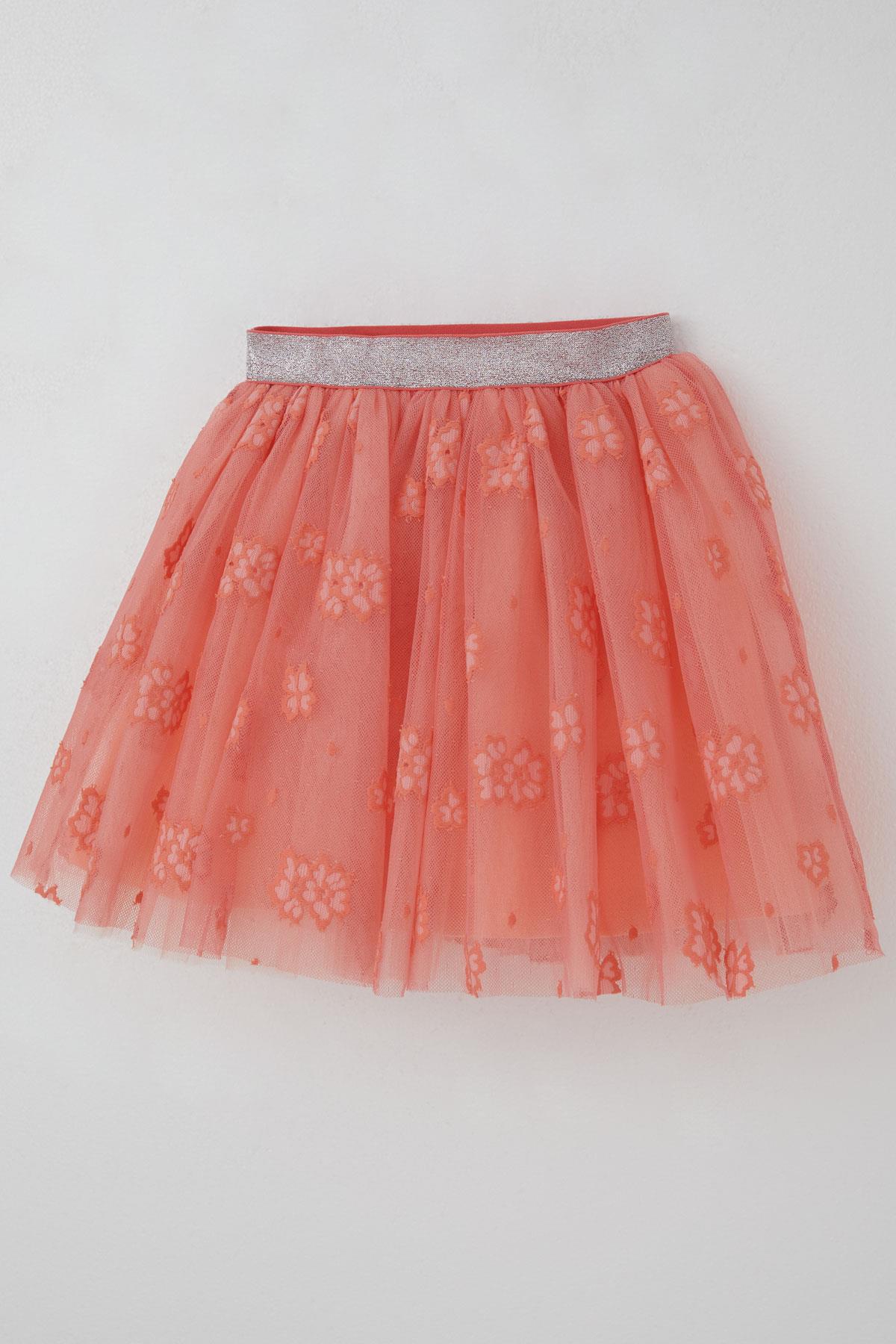 Breeze Kız Çocuk Tütü Etek Çiçek Nakışlı Beli Lastikli Simli Somon (5-10 Yaş)