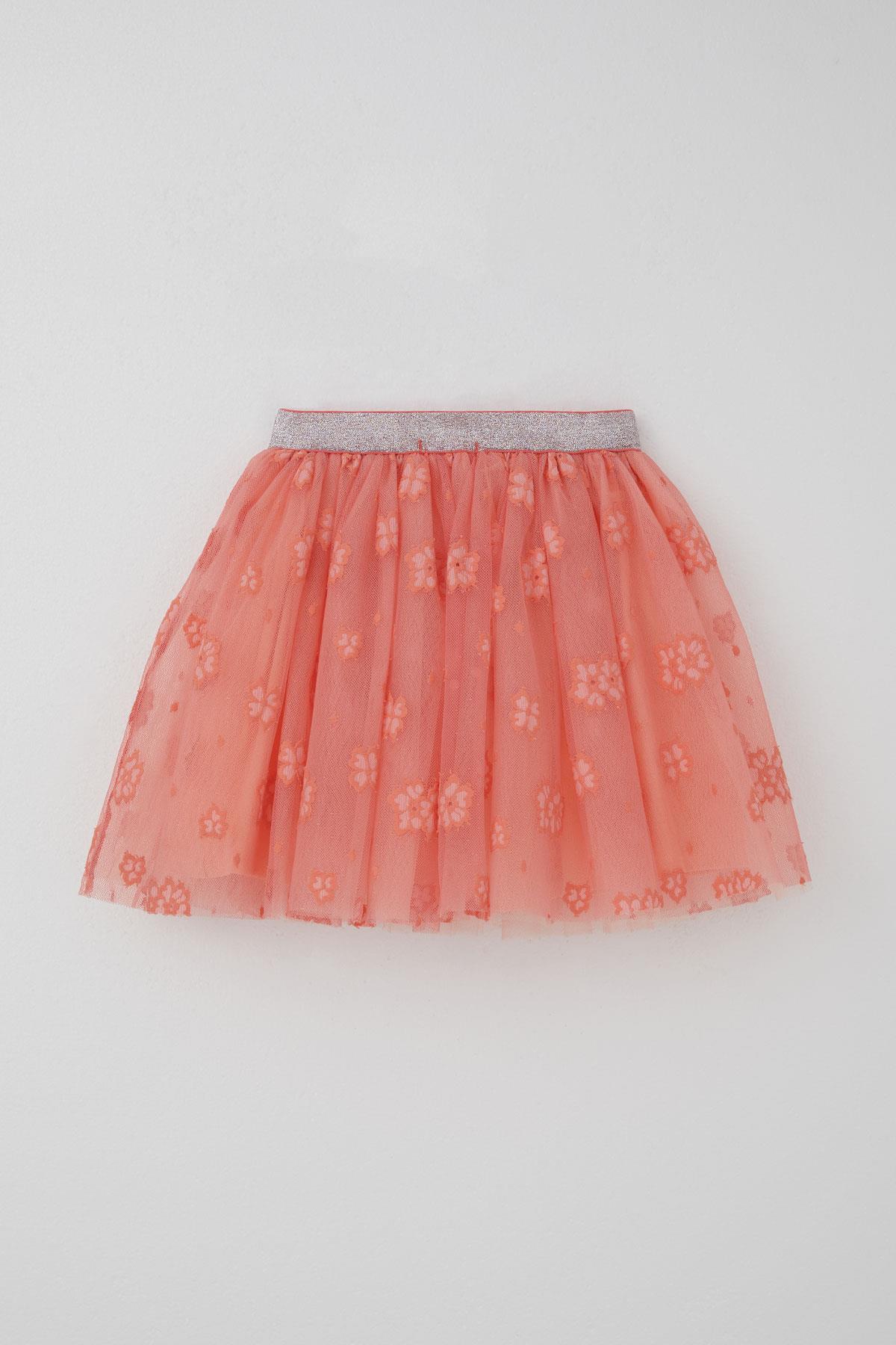 Breeze Kız Çocuk Tütü Etek Çiçek Nakışlı Beli Lastikli Simli Somon (5-10 Yaş)