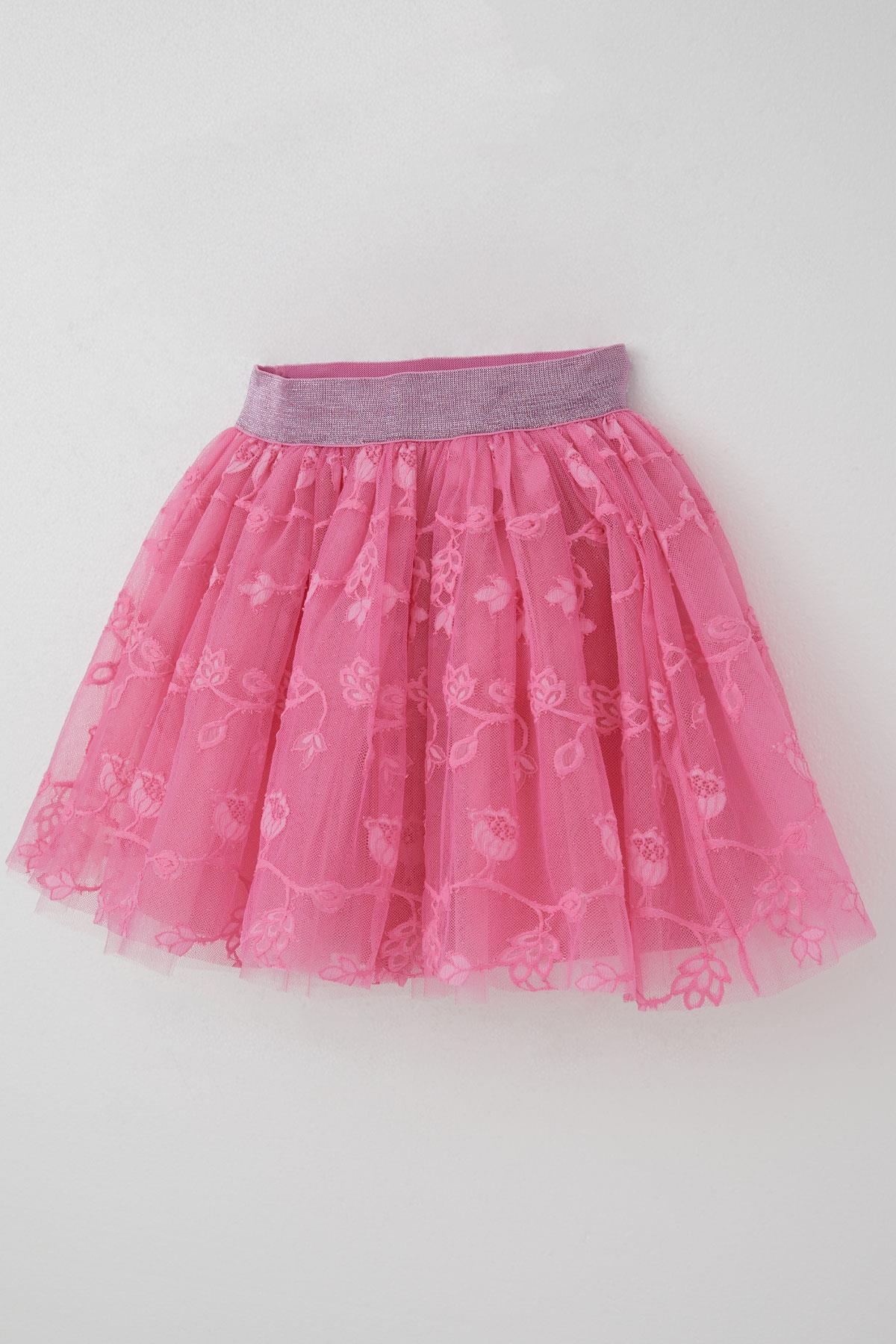 Breeze Kız Çocuk Tütü Etek Çiçek Nakışlı Beli Lastikli Simli Pembe (5-10 Yaş)