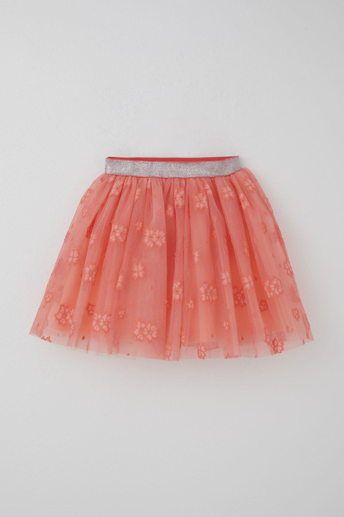 Breeze Kız Çocuk Tütü Etek Çiçek Nakışlı Beli Lastikli Simli Somon (5-10 Yaş)