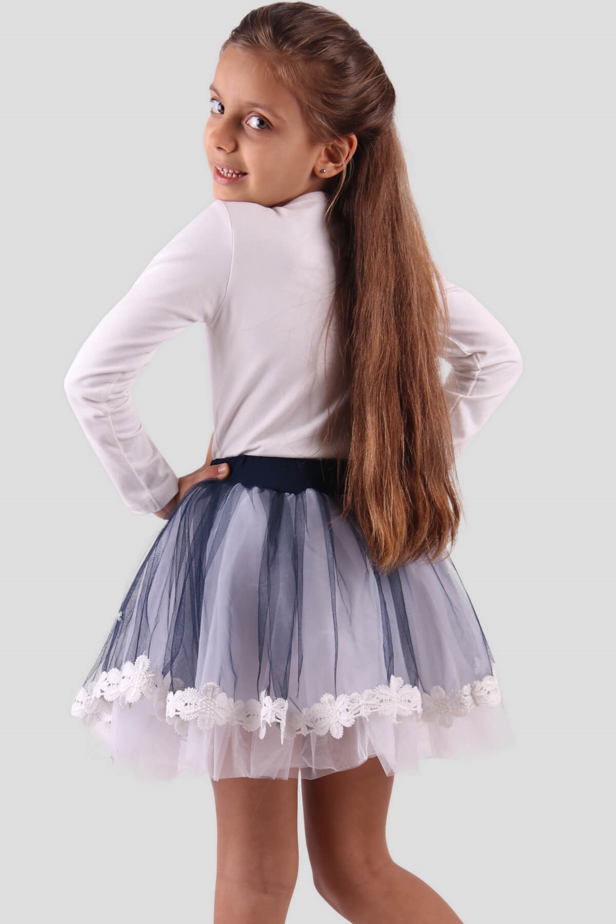 Breeze Kız Çocuk Tütü Etek Dantelli Lacivert-Beyaz (5-10 Yaş)