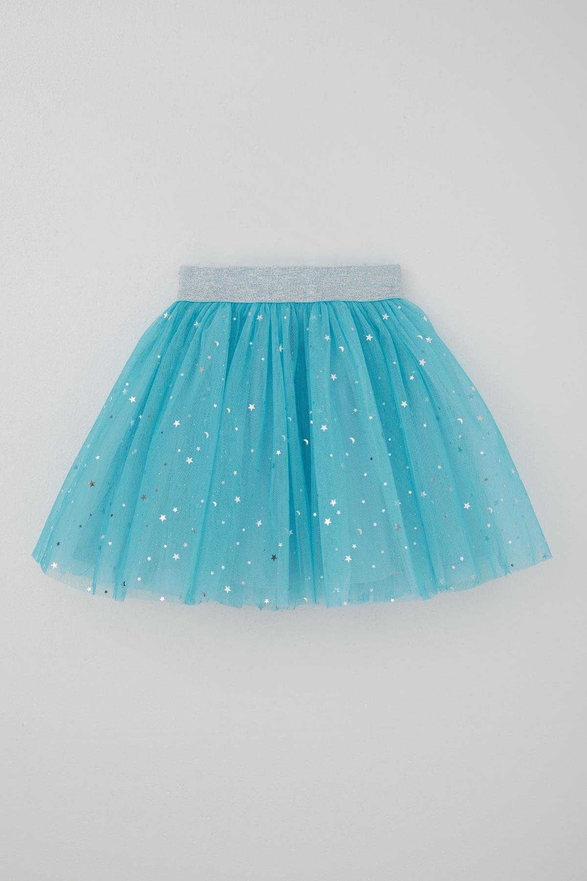 Breeze Kız Çocuk Tütü Etek Gümüş Yıldız & Ay Desenli Mavi (6-10 Yaş)