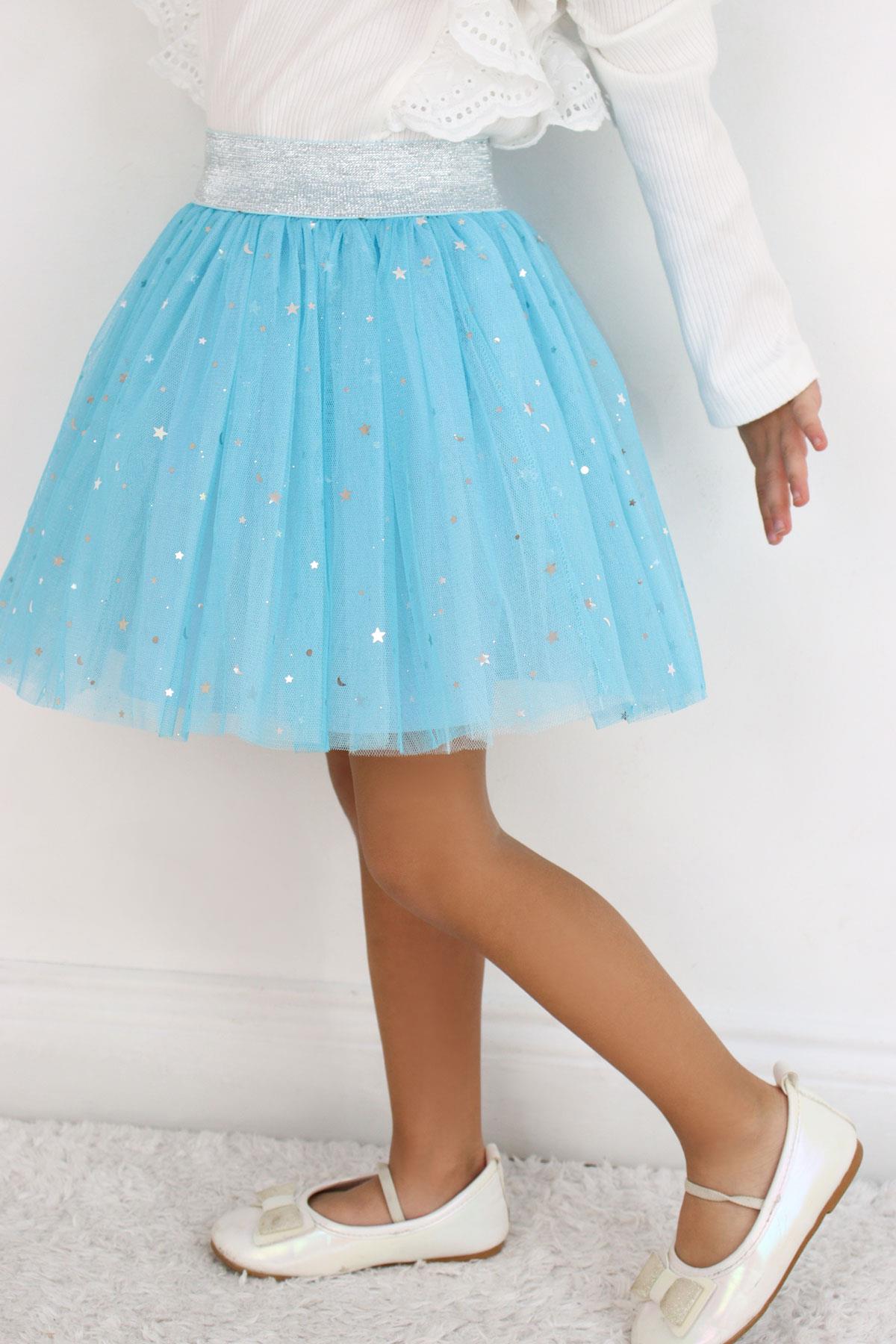 Breeze Kız Çocuk Tütü Etek Gümüş Yıldız & Ay Desenli Mavi (6-10 Yaş)