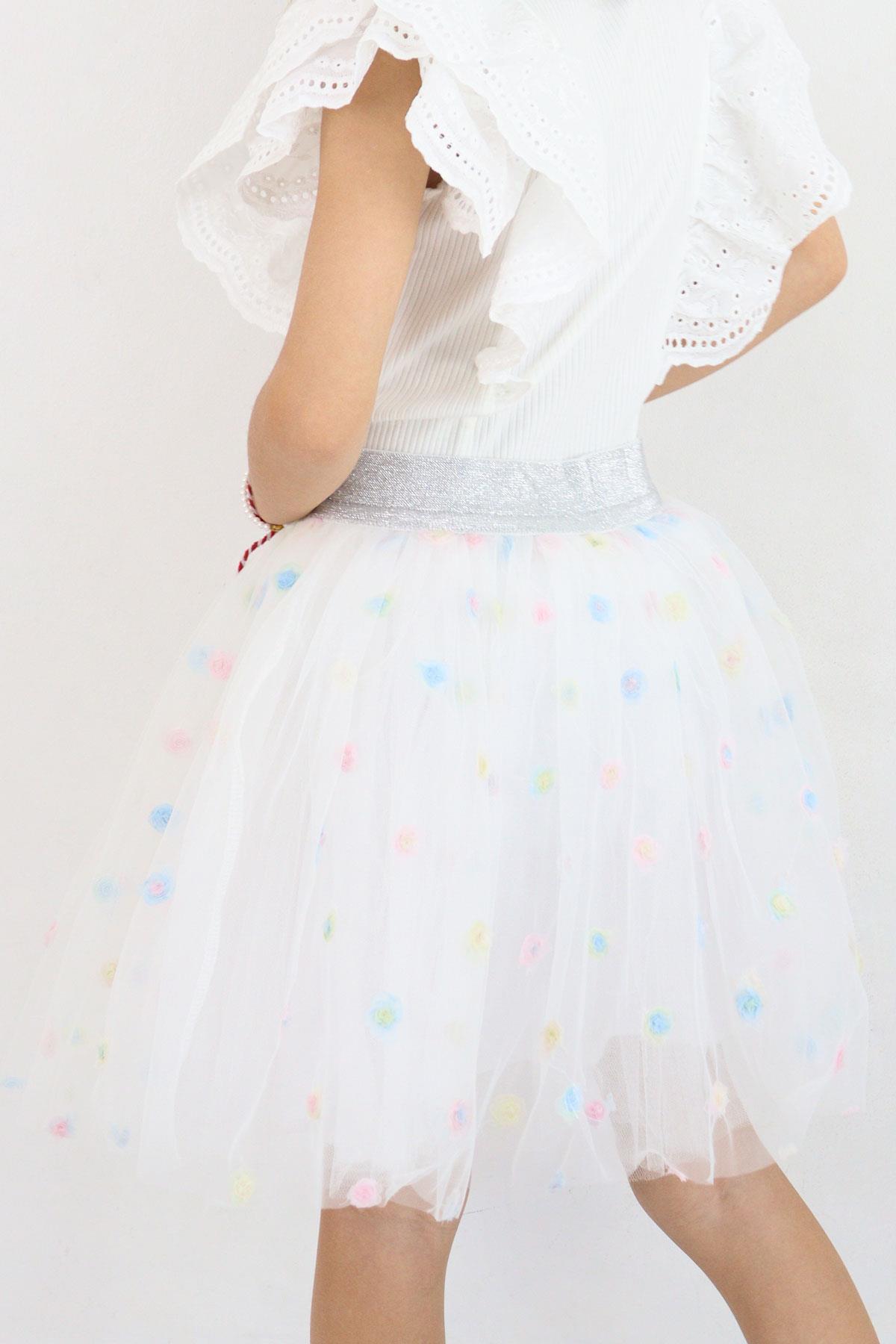 Breeze Kız Çocuk Tütü Etek Renkli Çiçek İşlemeli Beyaz (4-10 Yaş)