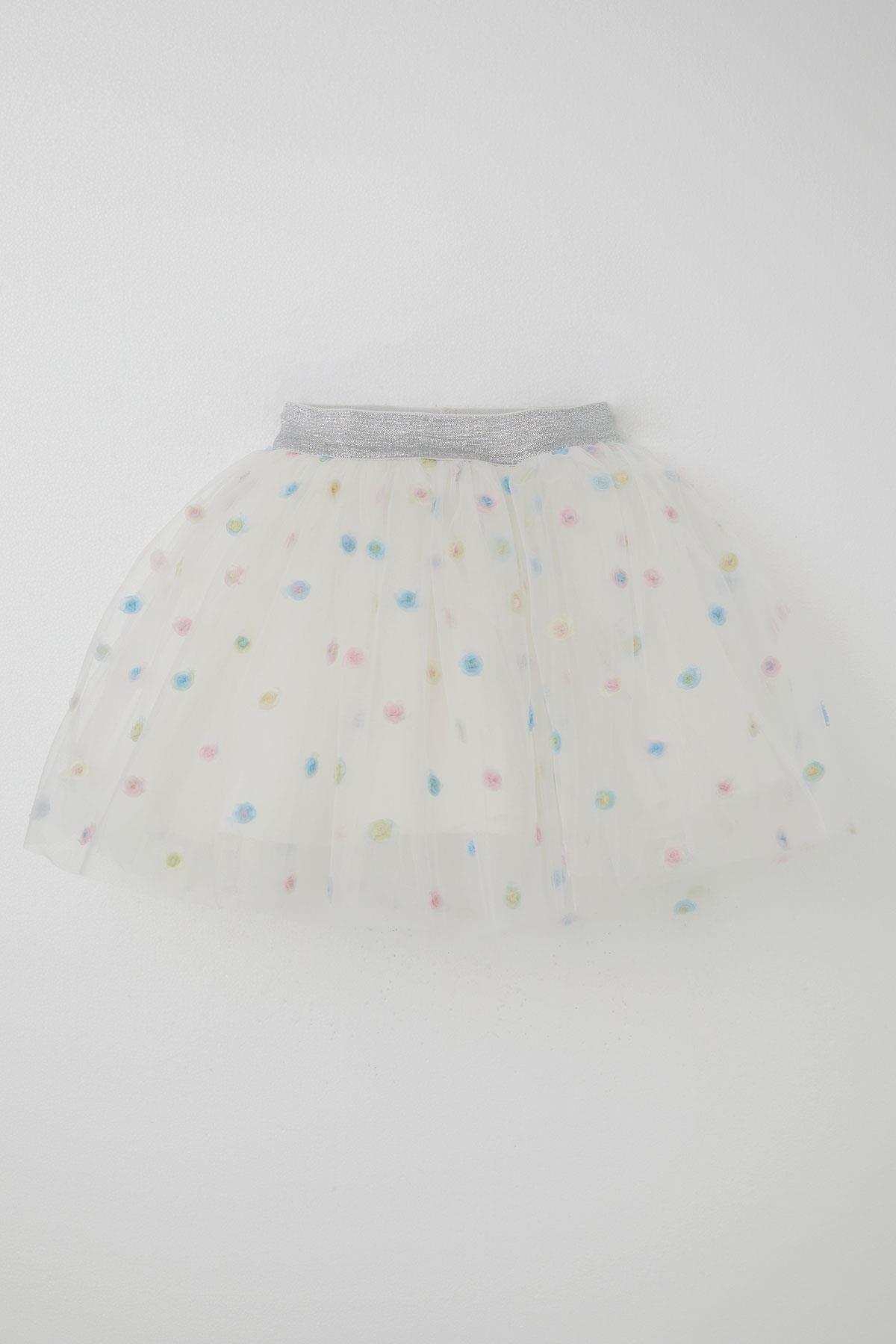 Breeze Kız Çocuk Tütü Etek Renkli Çiçek İşlemeli Beyaz (4-10 Yaş)