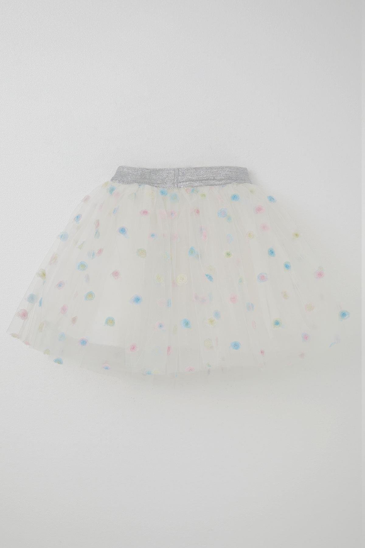 Breeze Kız Çocuk Tütü Etek Renkli Çiçek İşlemeli Beyaz (4-10 Yaş)