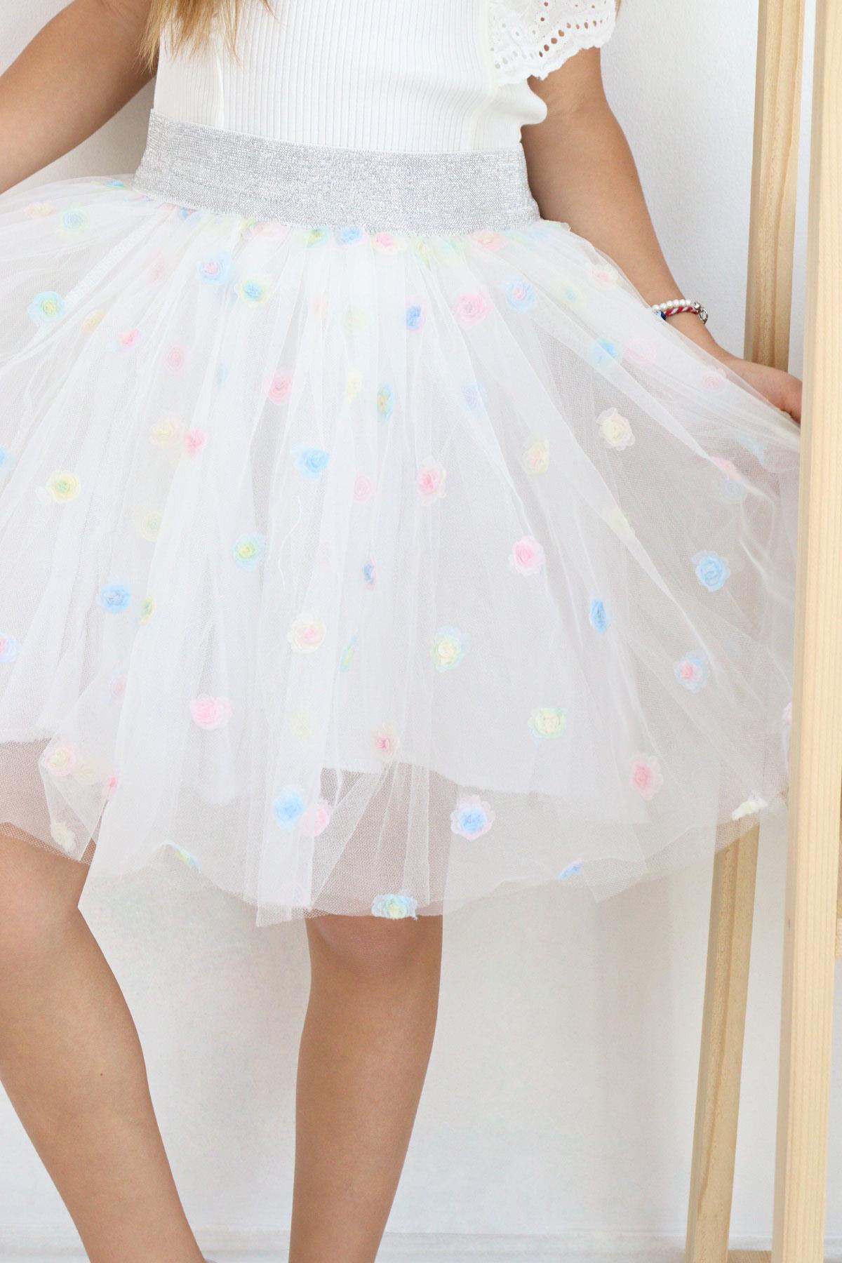 Breeze Kız Çocuk Tütü Etek Renkli Çiçek İşlemeli Beyaz (4-10 Yaş)