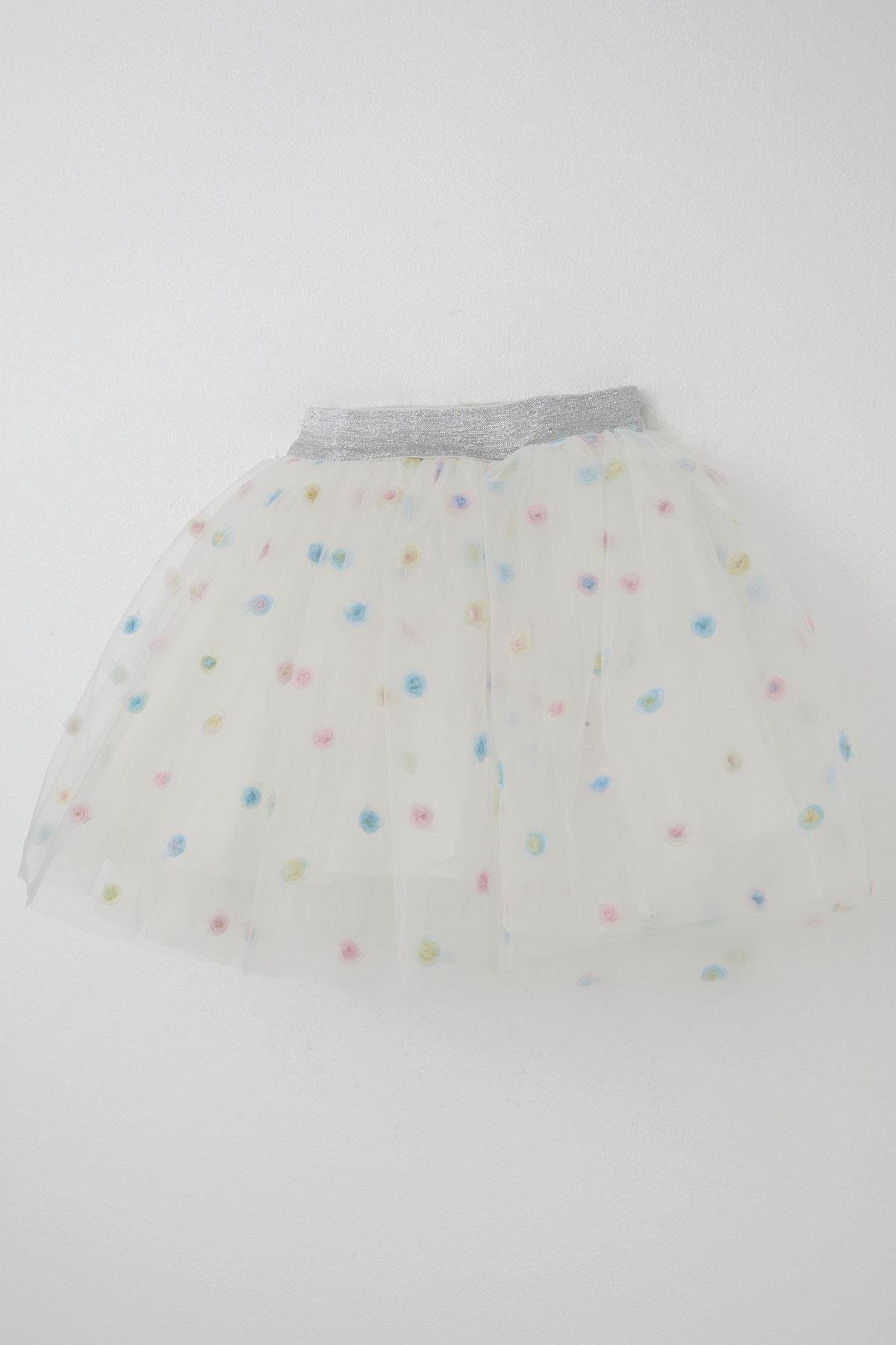 Breeze Kız Çocuk Tütü Etek Renkli Çiçek İşlemeli Beyaz (4-10 Yaş)