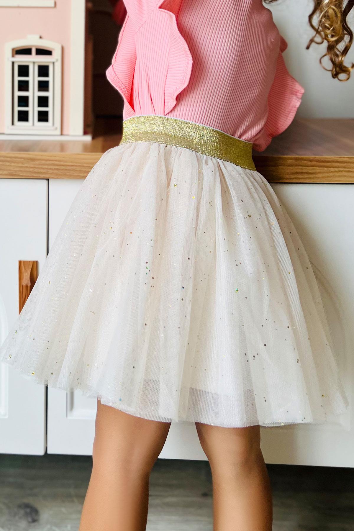 Breeze Kız Çocuk Tütü Etek Sim Detaylı Bej (5-10 Yaş)