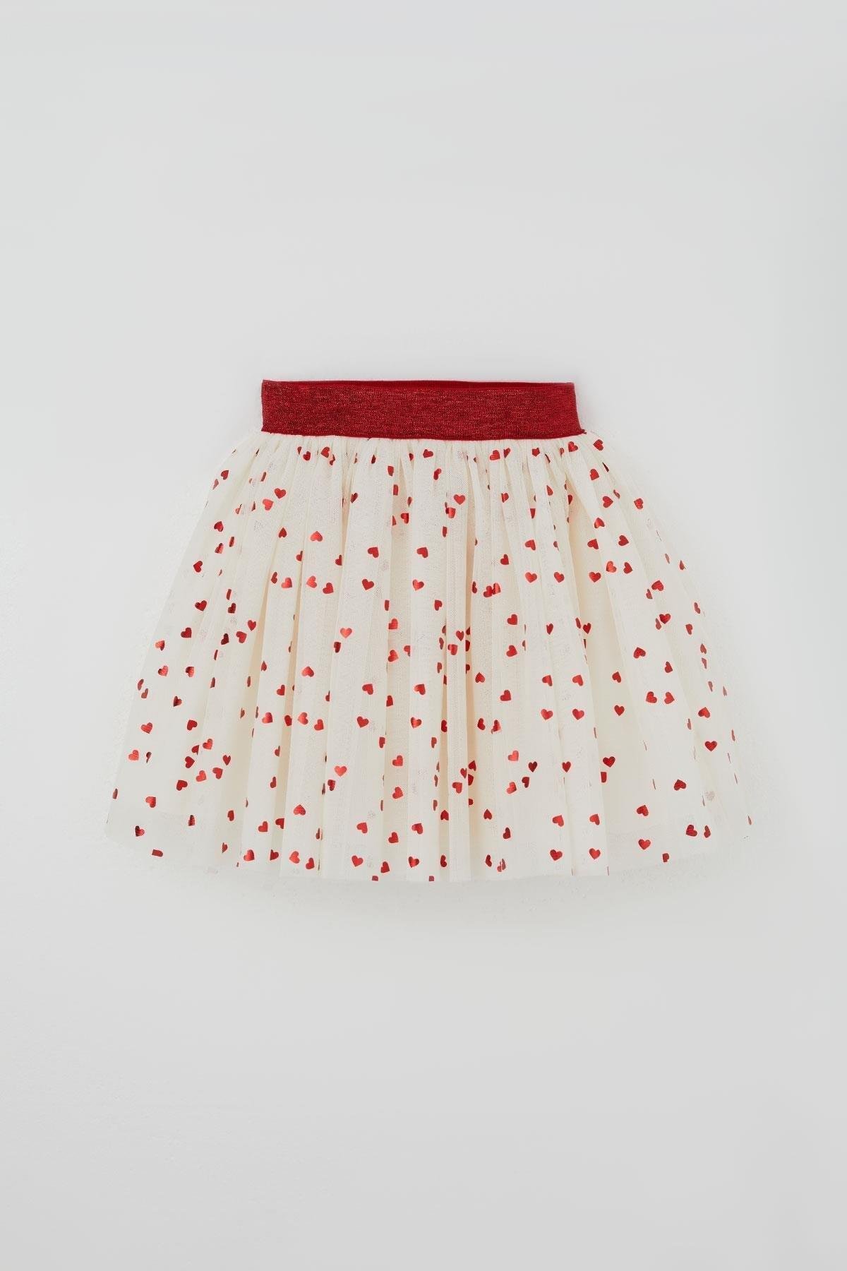 Breeze Kız Çocuk Tütü Etek Simli Kalp Desenli Beli Lastikli Ekru (5-10 Yaş)
