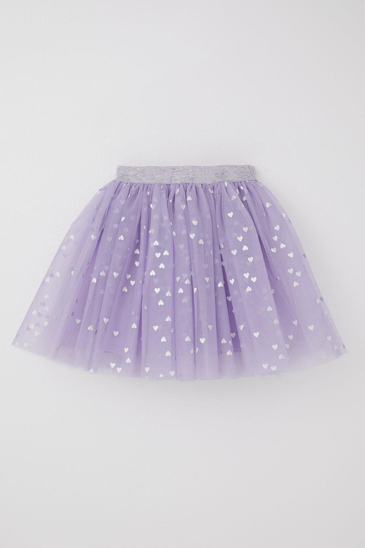Breeze Kız Çocuk Tütü Etek Simli Kalp Desenli Beli Lastikli Lila (9-10 Yaş)